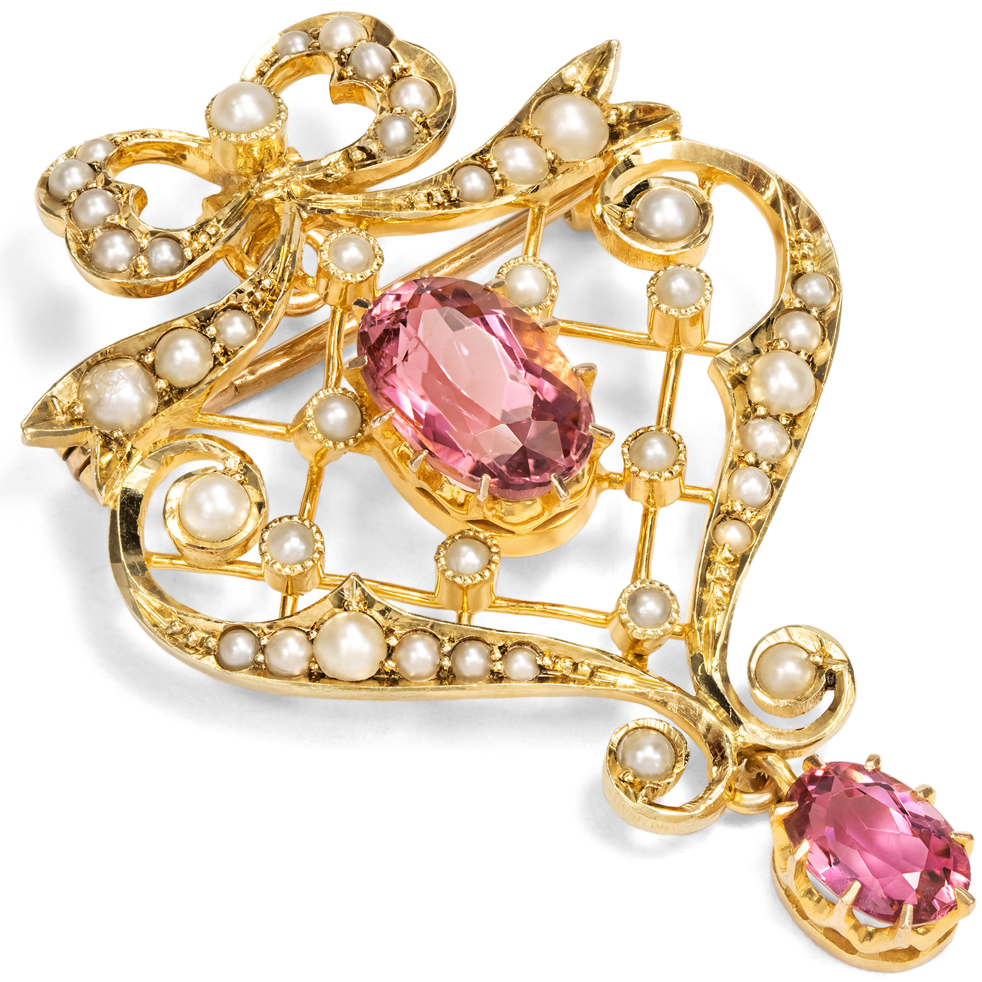 Antique Gold Brooch with Pink Tourmalines & Pearls, Great Britain c. 1905 Antique Gold Brooch with Pink Tourmalines & Pearls, Great Britain c. 1905