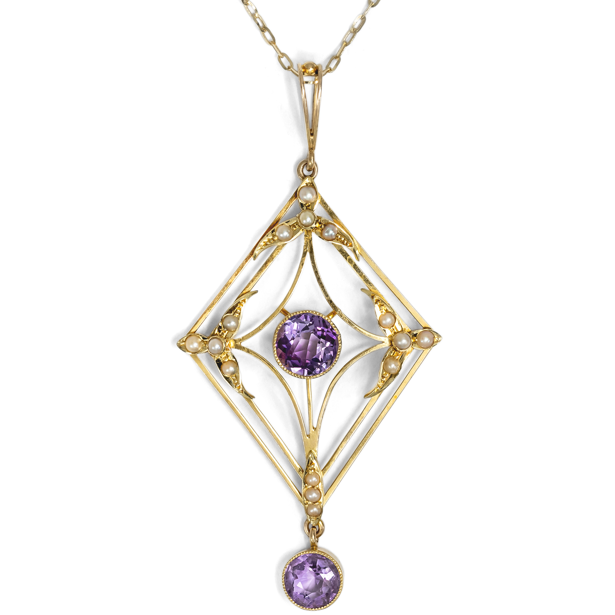 Antiker Anhänger mit Amethysten & Saatperlen in Gold, Großbritannien um 1905 Antiker Anhänger mit Amethysten & Saatperlen in Gold, Großbritannien um 1905