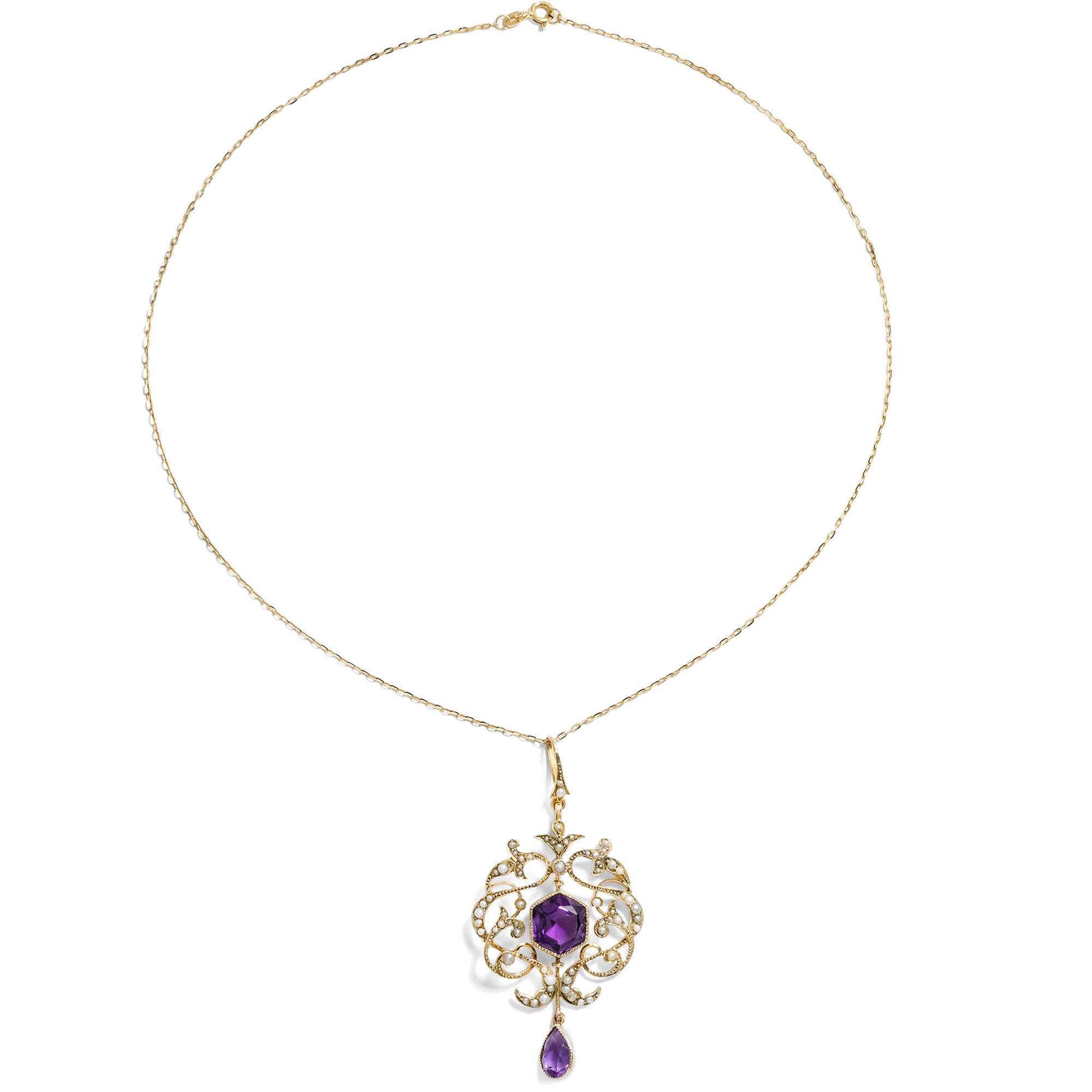Antique pendant with amethysts & pearls in gold, Great Britain circa 1905 Antique pendant with amethysts & pearls in gold, Great Britain circa 1905