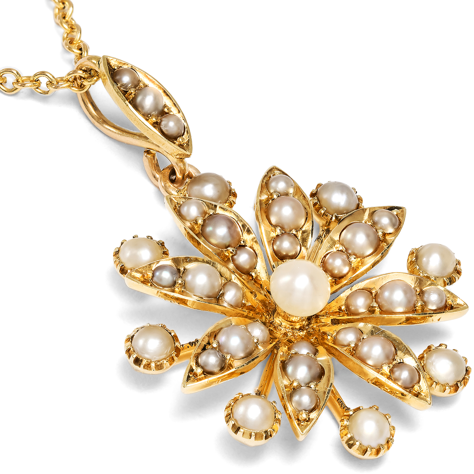 Victorian pearl pendant in gold on chain, England circa 1900