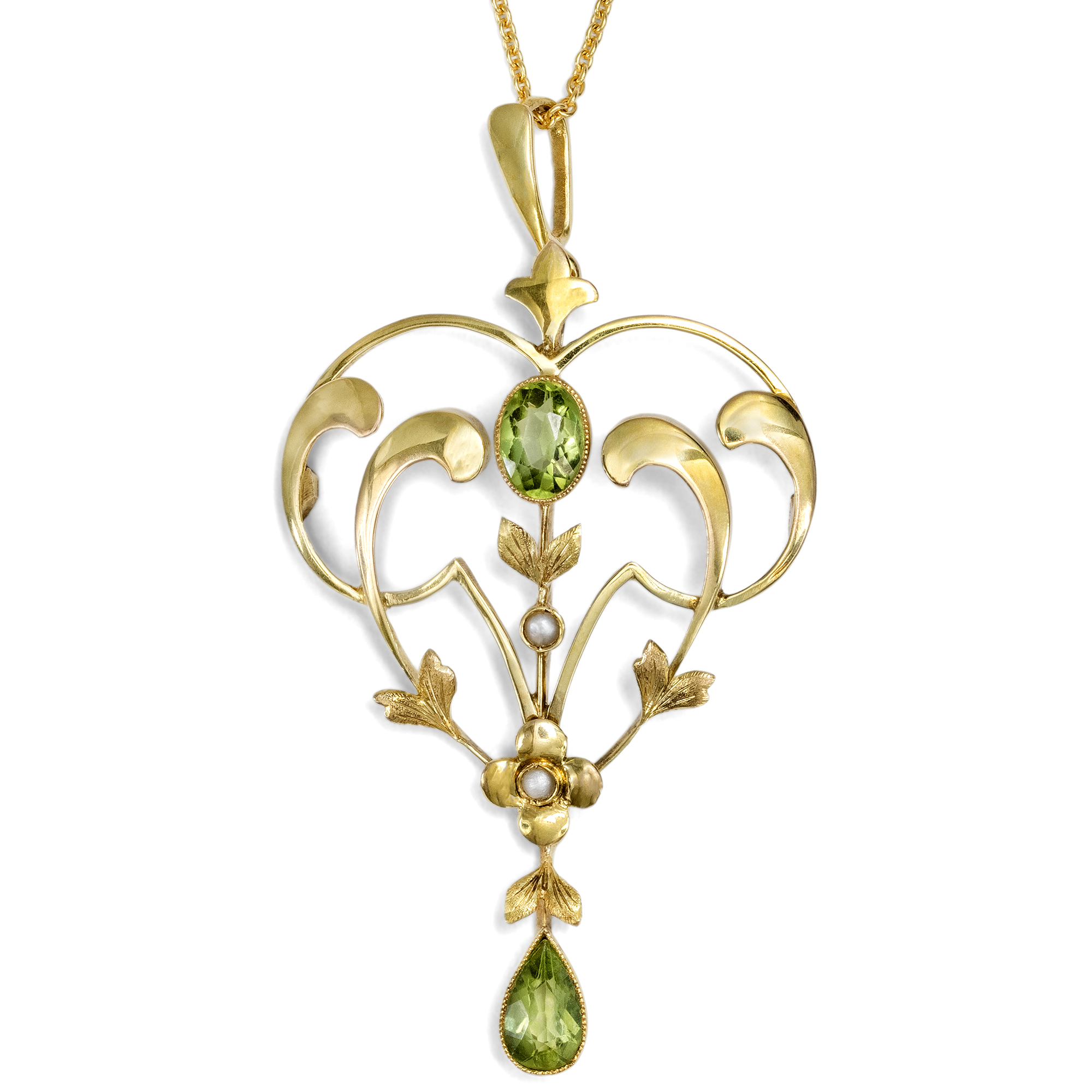 Zarter Anhänger aus Gold mit Peridoten & Perlen, Großbritannien um 1905 Zarter Anhänger aus Gold mit Peridoten & Perlen, Großbritannien um 1905