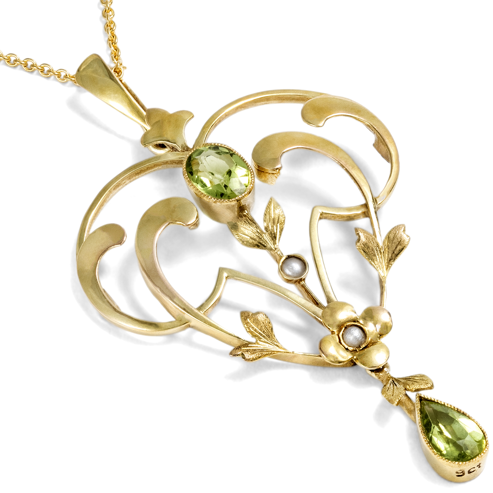 Zarter Anhänger aus Gold mit Peridoten & Perlen, Großbritannien um 1905 Zarter Anhänger aus Gold mit Peridoten & Perlen, Großbritannien um 1905