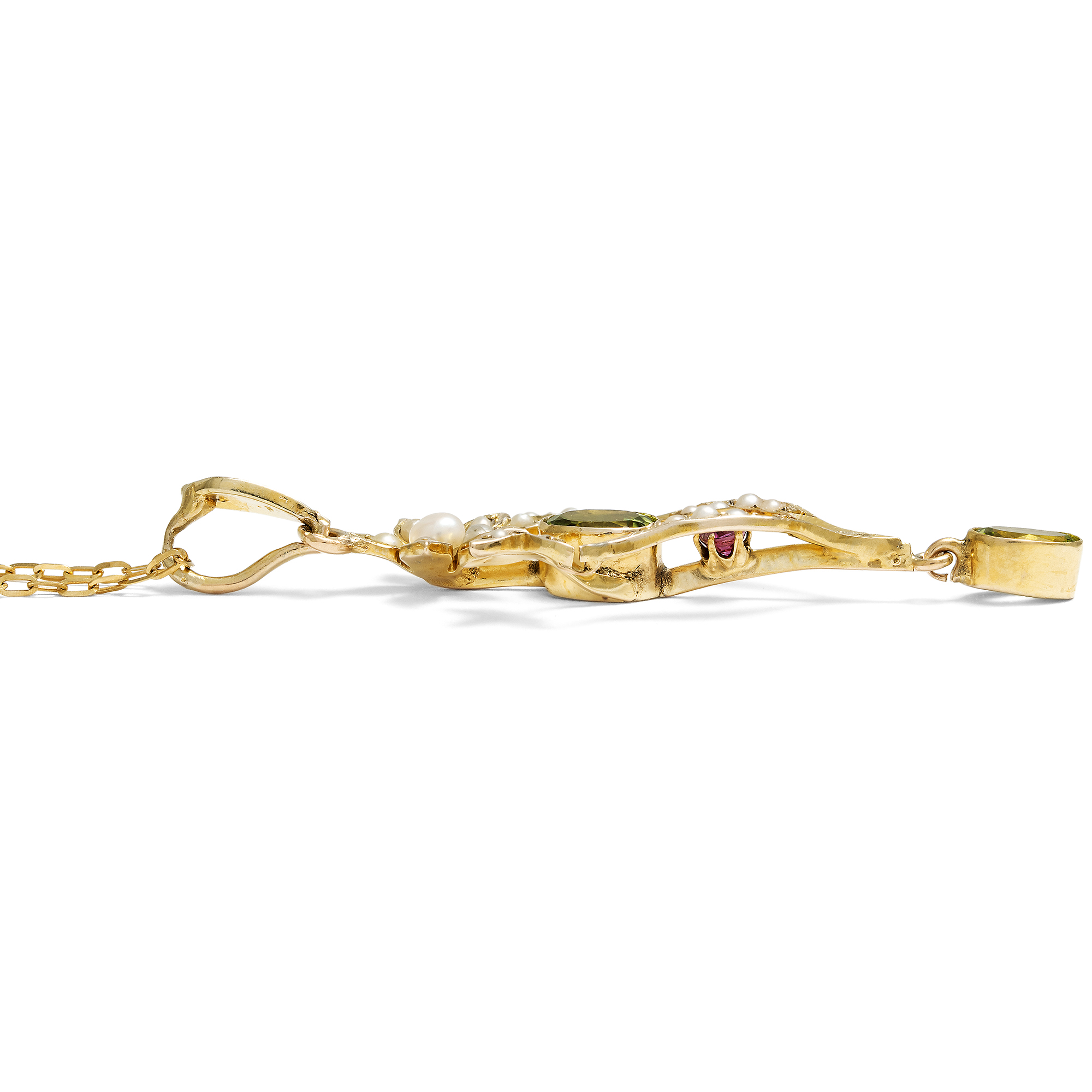 Antique Pendant with Peridots, Rubies, and Pearls in Gold, Great Britain, ca. 1905 Antique Pendant with Peridots, Rubies, and Pearls in Gold, Great Britain, ca. 1905