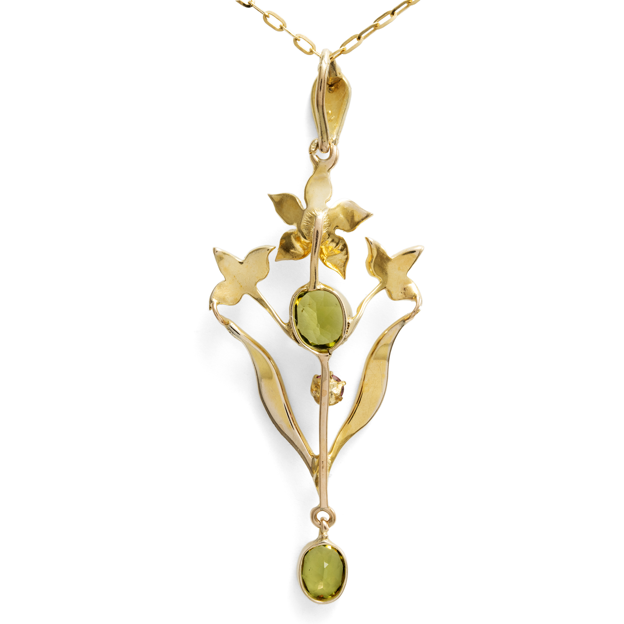Antique Pendant with Peridots, Rubies, and Pearls in Gold, Great Britain, ca. 1905 Antique Pendant with Peridots, Rubies, and Pearls in Gold, Great Britain, ca. 1905