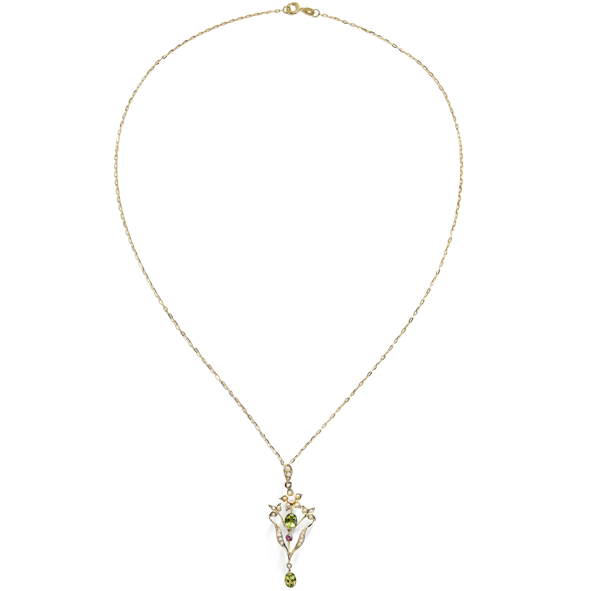 Antique Pendant with Peridots, Rubies, and Pearls in Gold, Great Britain, ca. 1905 Antique Pendant with Peridots, Rubies, and Pearls in Gold, Great Britain, ca. 1905