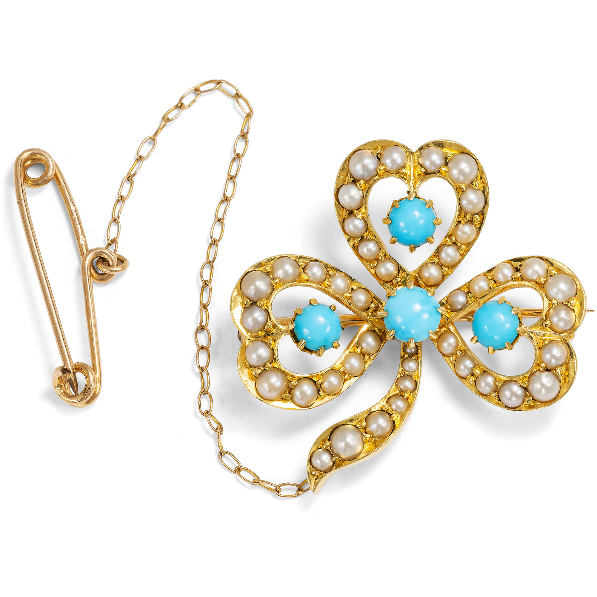 Antique Gold Brooch with Turquoises & Pearls, Great Britain, c. 1900 Antique Gold Brooch with Turquoises & Pearls, Great Britain, c. 1900