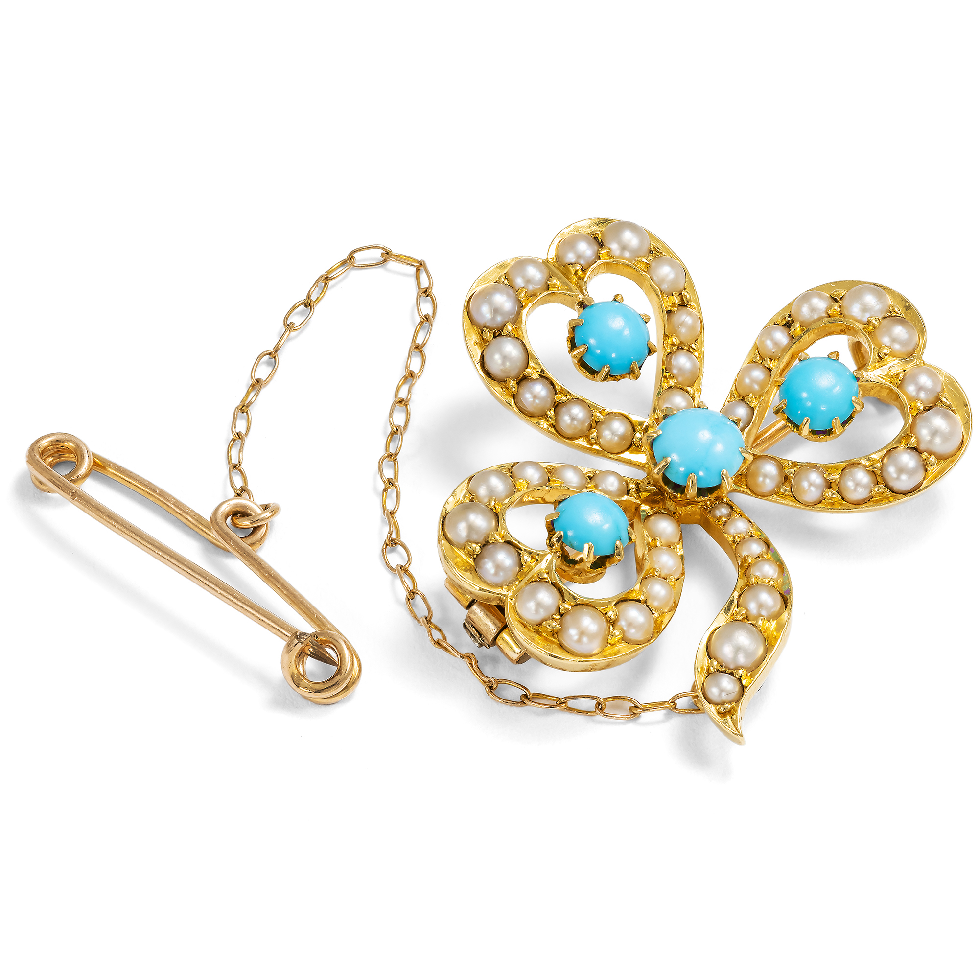 Antique Gold Brooch with Turquoises & Pearls, Great Britain, c. 1900 Antique Gold Brooch with Turquoises & Pearls, Great Britain, c. 1900