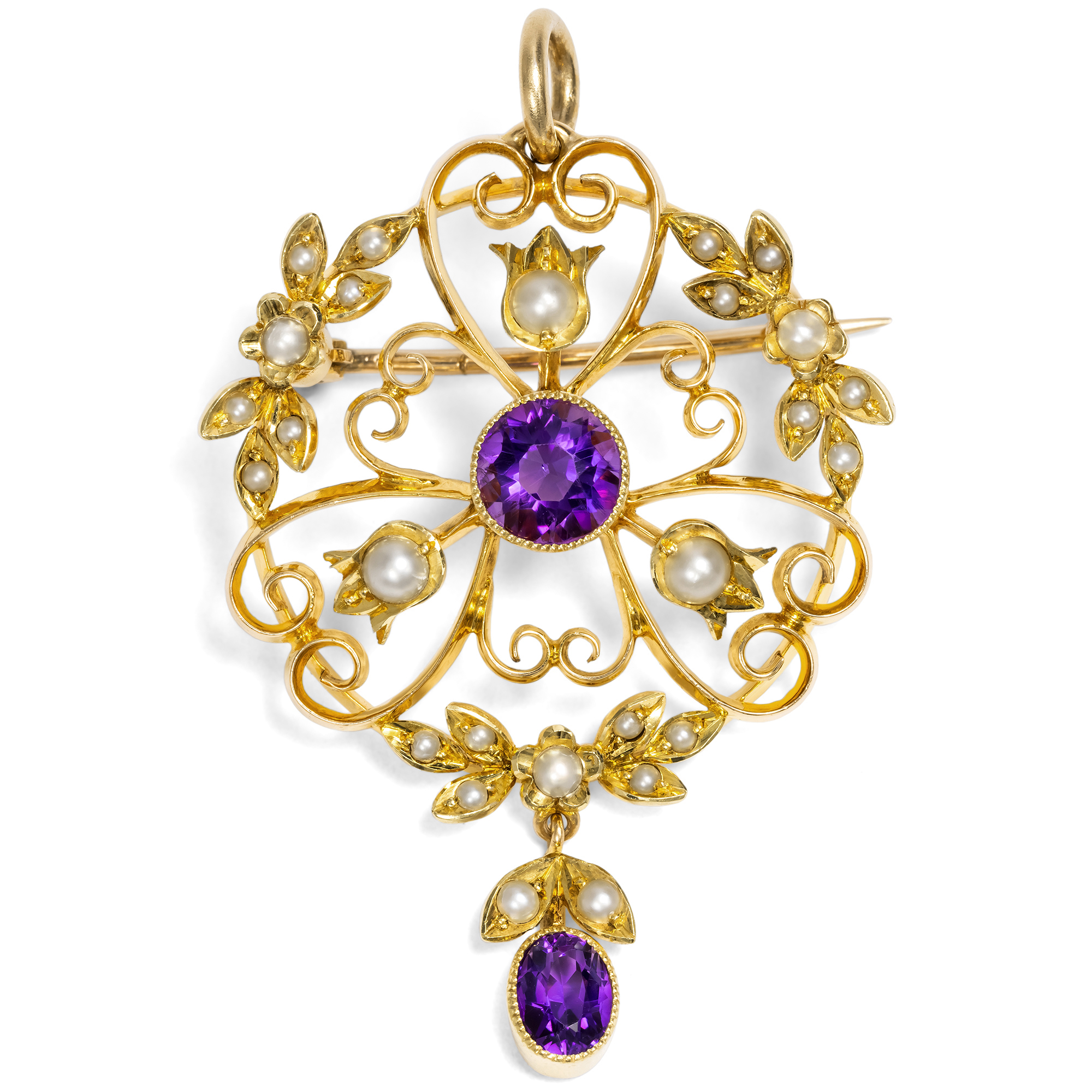 Zarte Anhänger-Brosche mit Amethyst & Perlen in Gold, Großbritannien um 1905 Zarte Anhänger-Brosche mit Amethyst & Perlen in Gold, Großbritannien um 1905