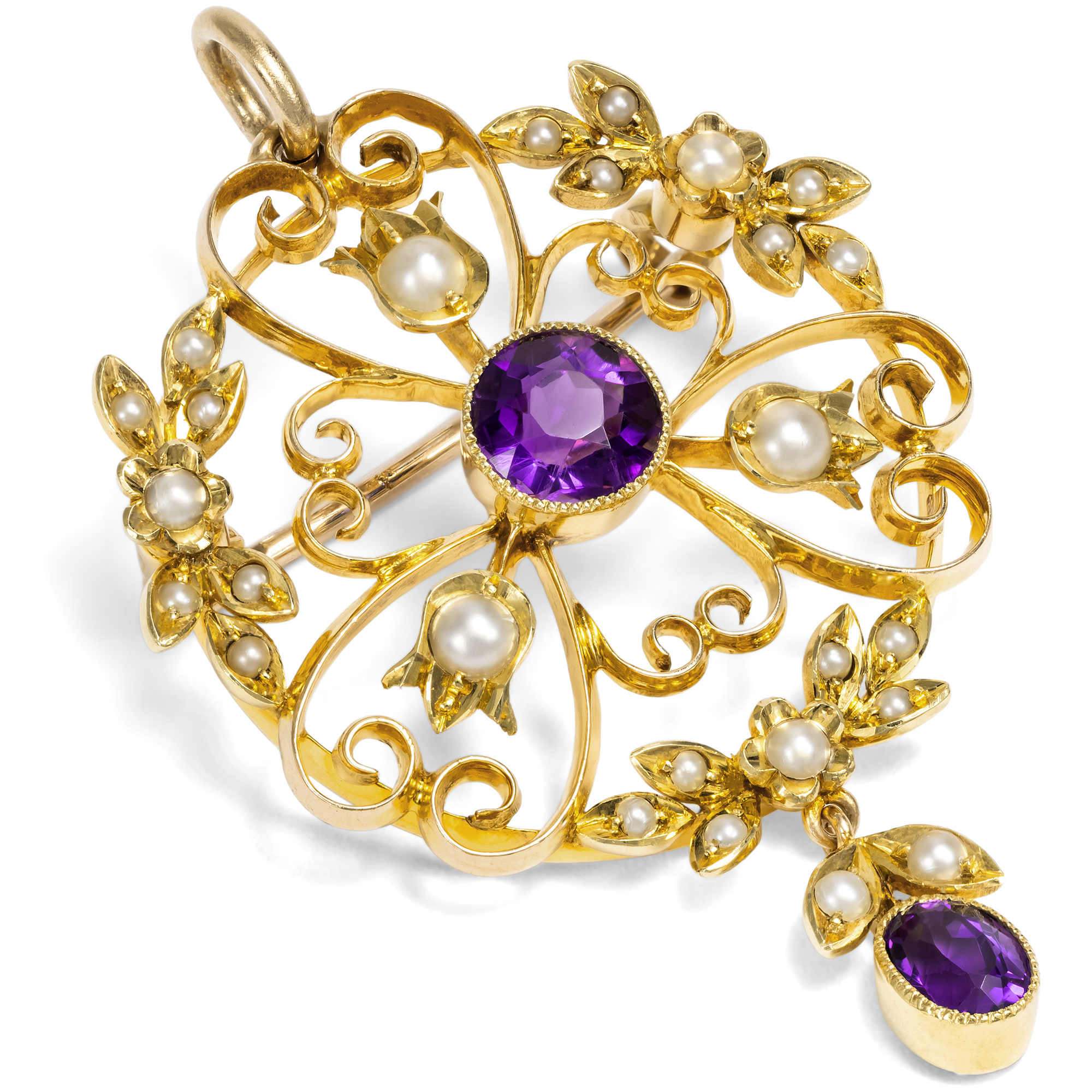 Zarte Anhänger-Brosche mit Amethyst & Perlen in Gold, Großbritannien um 1905 Zarte Anhänger-Brosche mit Amethyst & Perlen in Gold, Großbritannien um 1905