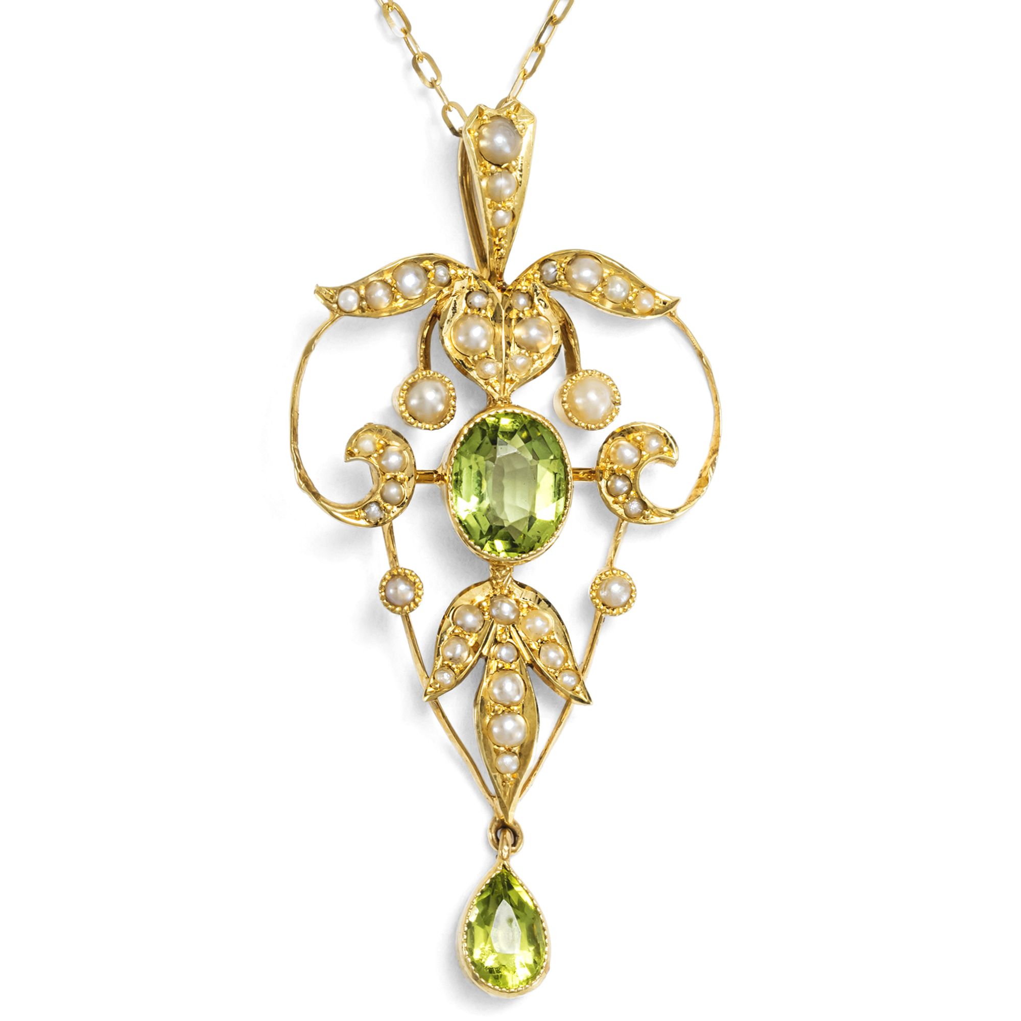 Eleganter Anhänger mit Peridot & Perlen in Gold, Großbritannien um 1910 Eleganter Anhänger mit Peridot & Perlen in Gold, Großbritannien um 1910