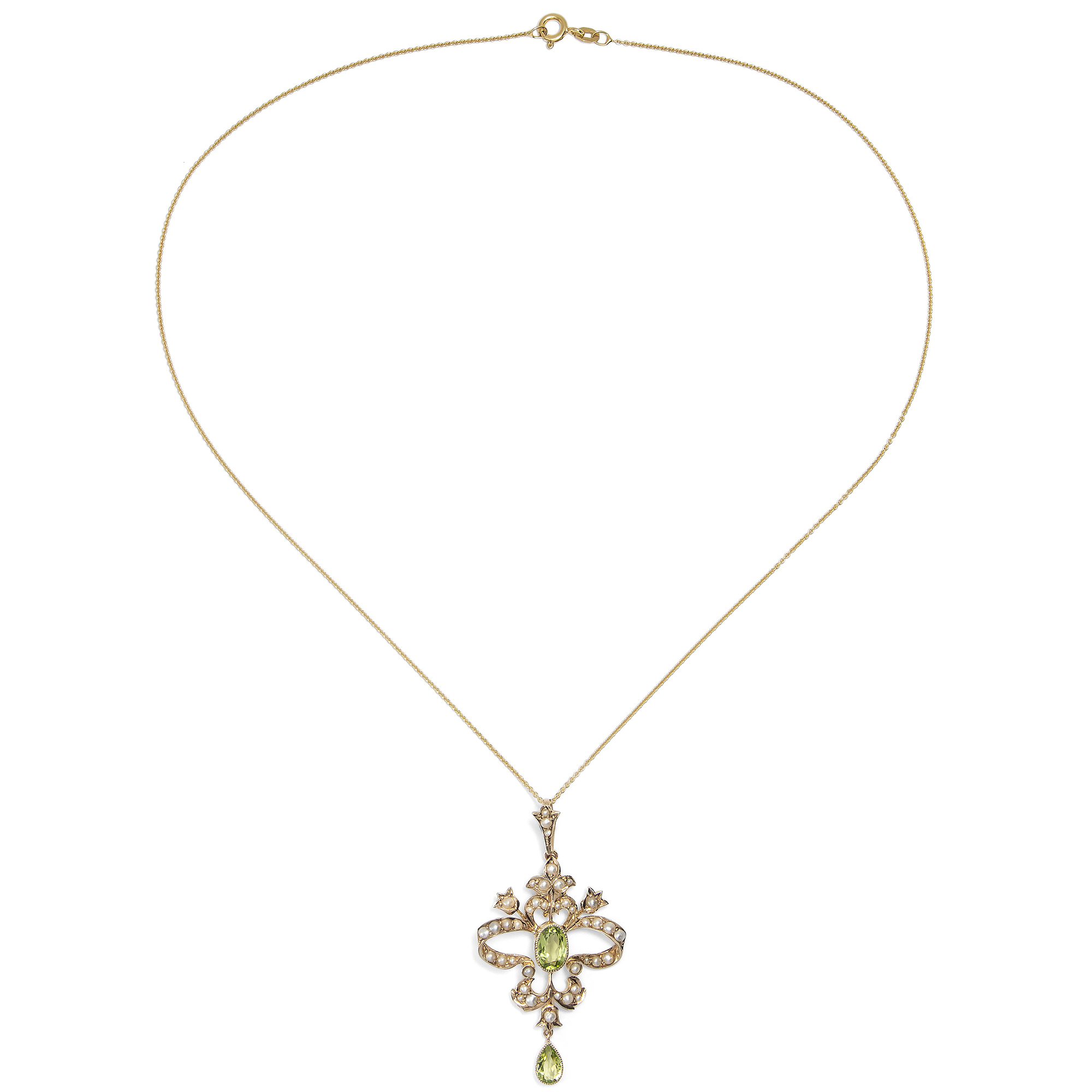 Zarter Anhänger aus Gold mit Peridot & Perlen, Großbritannien um 1905 Zarter Anhänger aus Gold mit Peridot & Perlen, Großbritannien um 1905