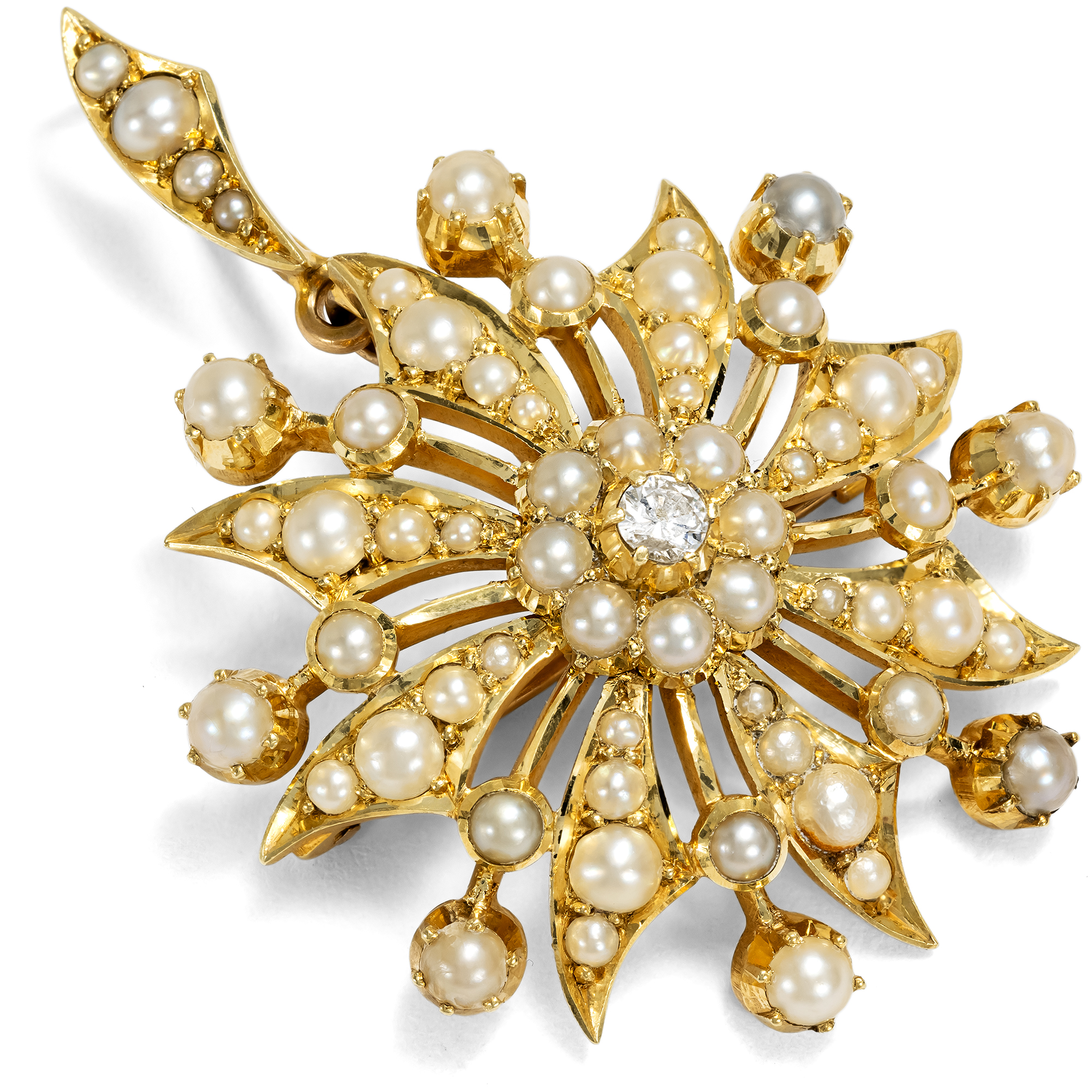 Viktorianische Anhänger-Brosche mit Perlen & Diamant in Gold, um 1900 Viktorianische Anhänger-Brosche mit Perlen & Diamant in Gold, um 1900