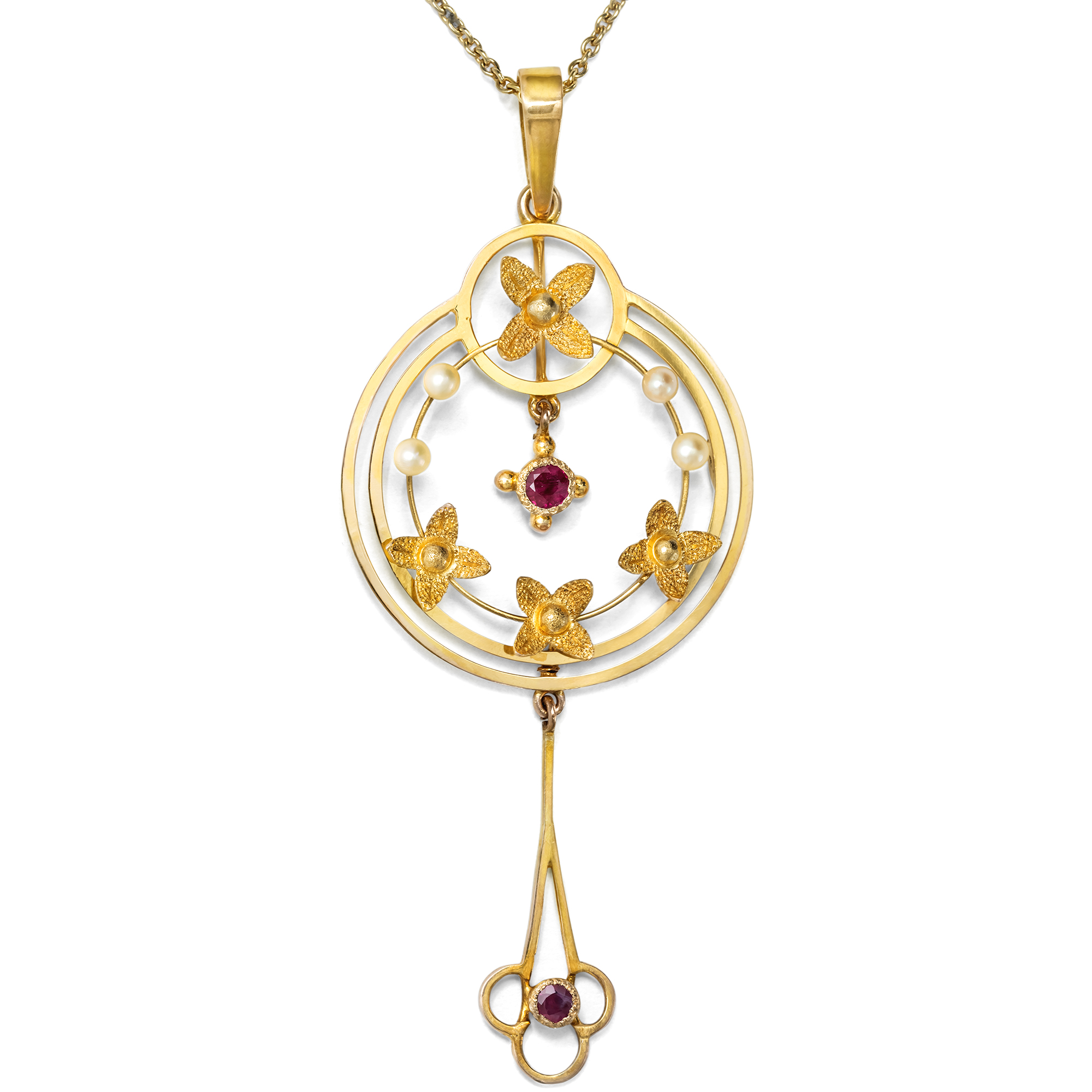 Antique Edwardian Ruby and Pearl Pendant in Gold, British, c. 1910 Antique Edwardian Ruby and Pearl Pendant in Gold, British, c. 1910