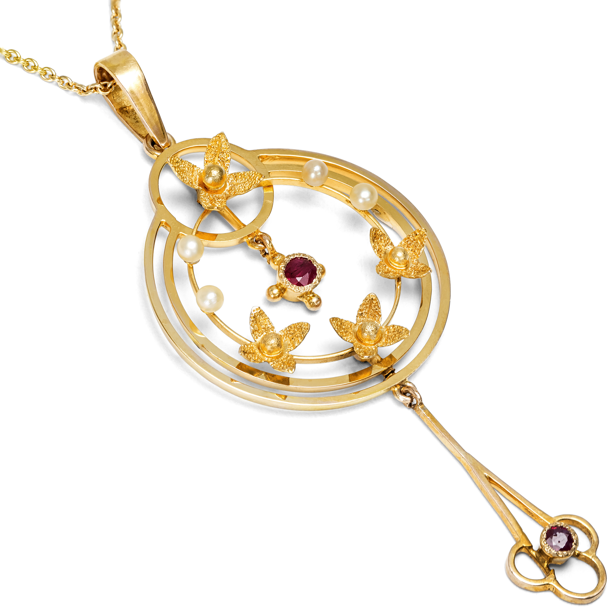 Antique Edwardian Ruby and Pearl Pendant in Gold, British, c. 1910 Antique Edwardian Ruby and Pearl Pendant in Gold, British, c. 1910