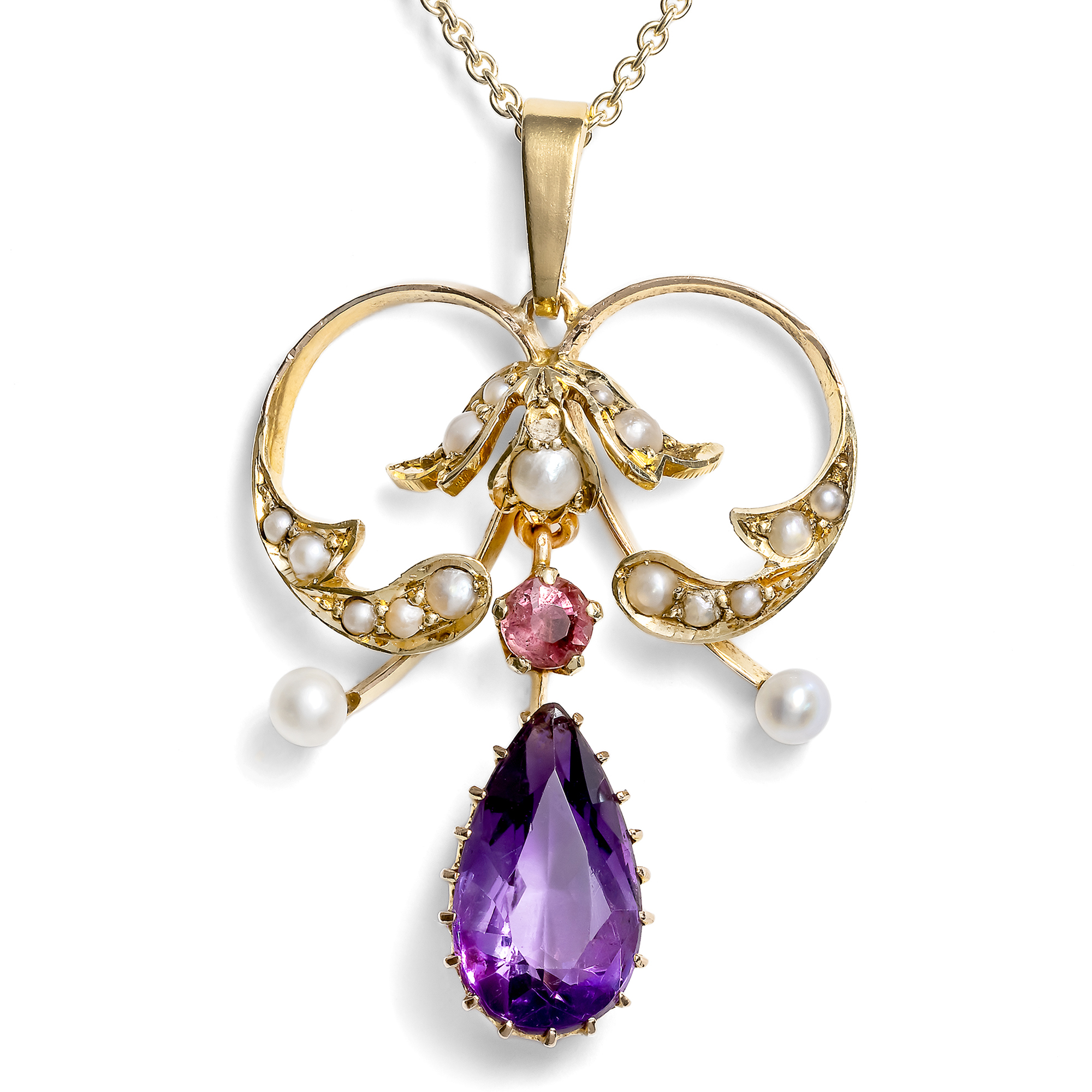 Antiker Anhänger mit Amethyst & Saatperlen in Gold, Großbritannien um 1905 Antiker Anhänger mit Amethyst & Saatperlen in Gold, Großbritannien um 1905