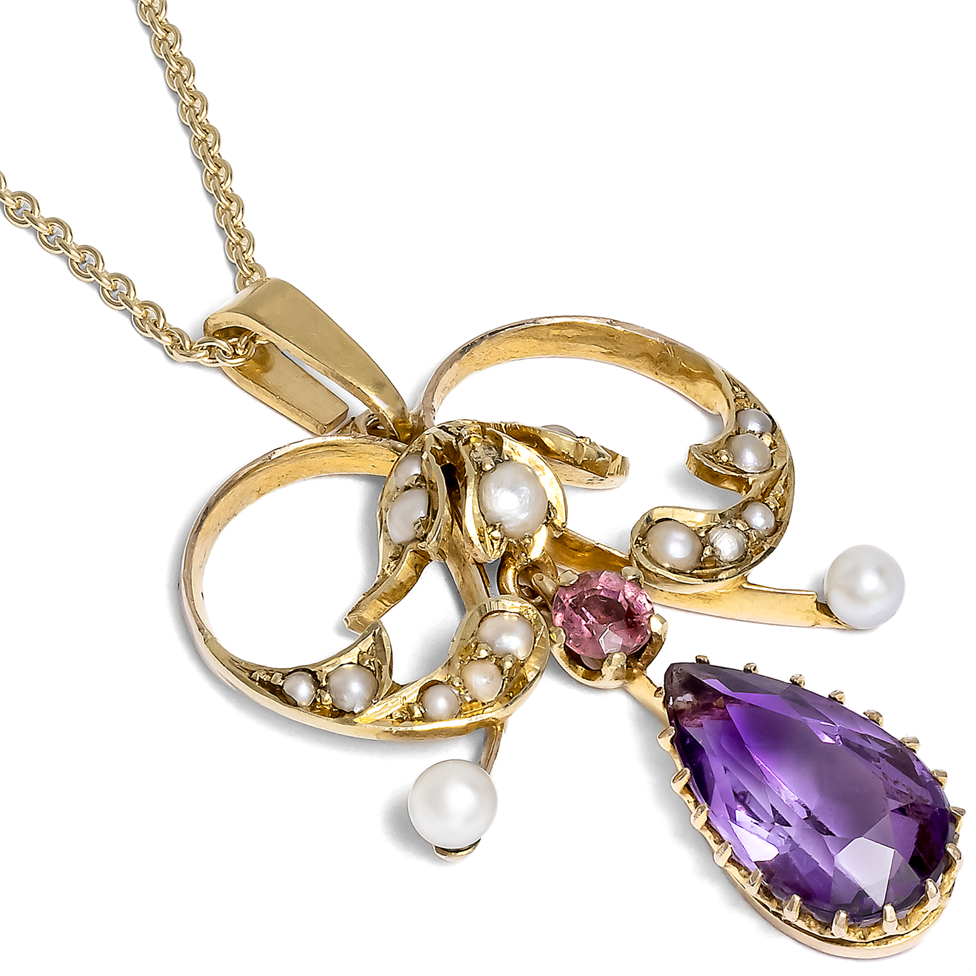 Antiker Anhänger mit Amethyst & Saatperlen in Gold, Großbritannien um 1905 Antiker Anhänger mit Amethyst & Saatperlen in Gold, Großbritannien um 1905