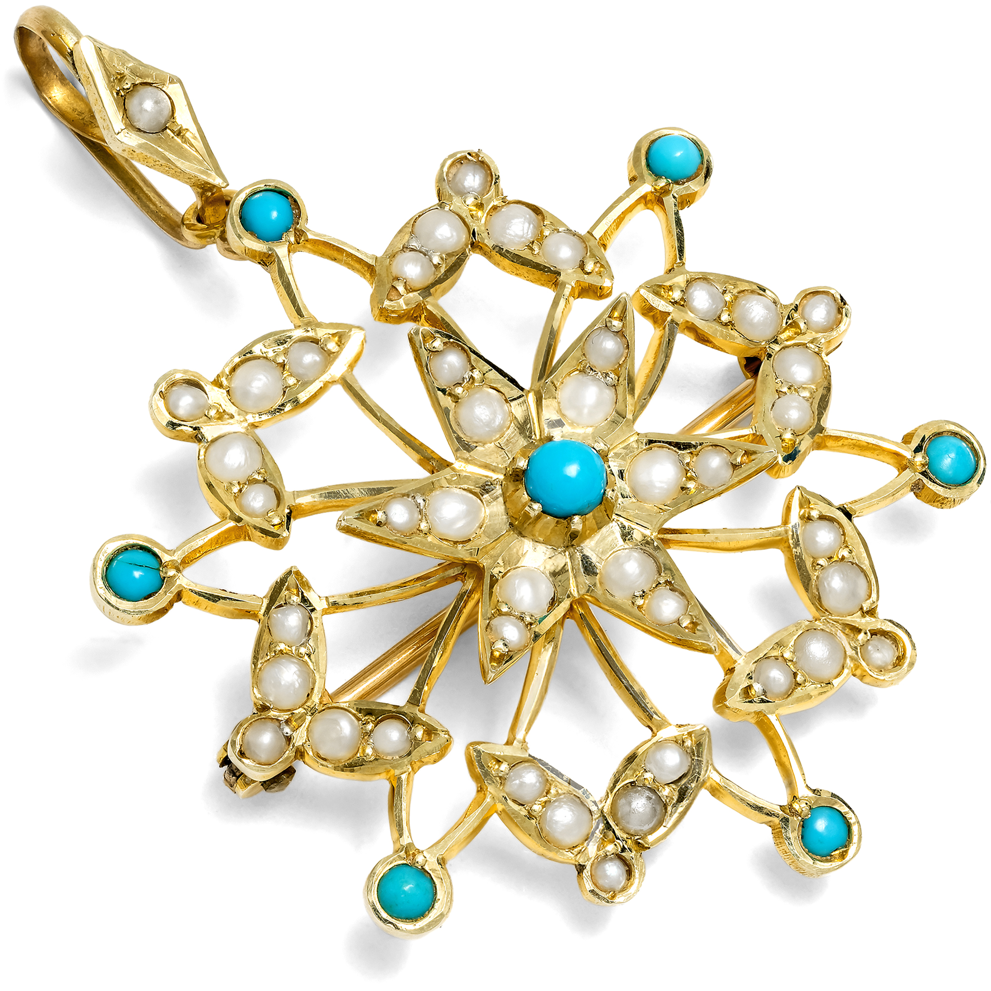 Antike Anhänger-Brosche mit Türkisen & Perlen, Großbritannien um 1900 Antike Anhänger-Brosche mit Türkisen & Perlen, Großbritannien um 1900