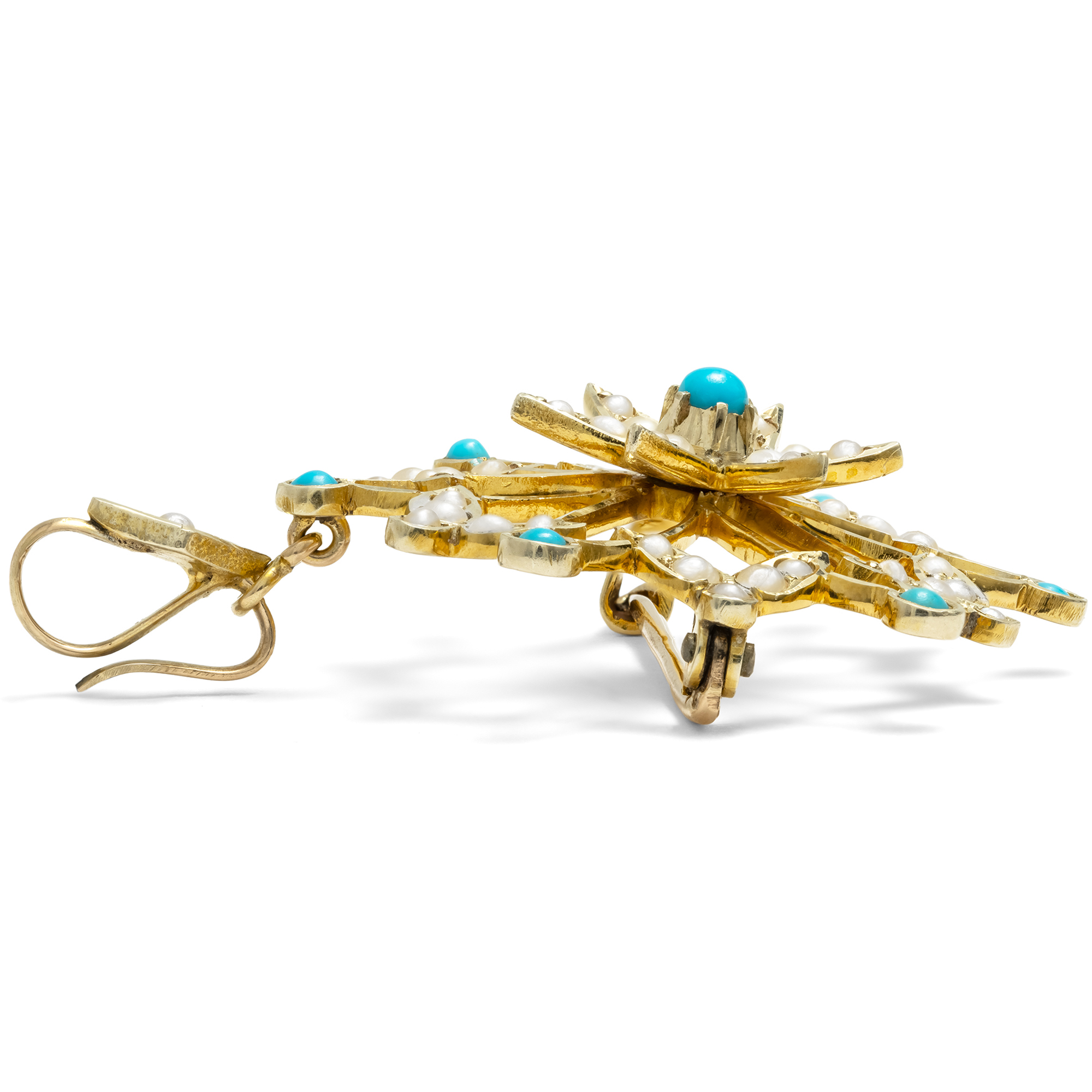 Antike Anhänger-Brosche mit Türkisen & Perlen, Großbritannien um 1900 Antike Anhänger-Brosche mit Türkisen & Perlen, Großbritannien um 1900