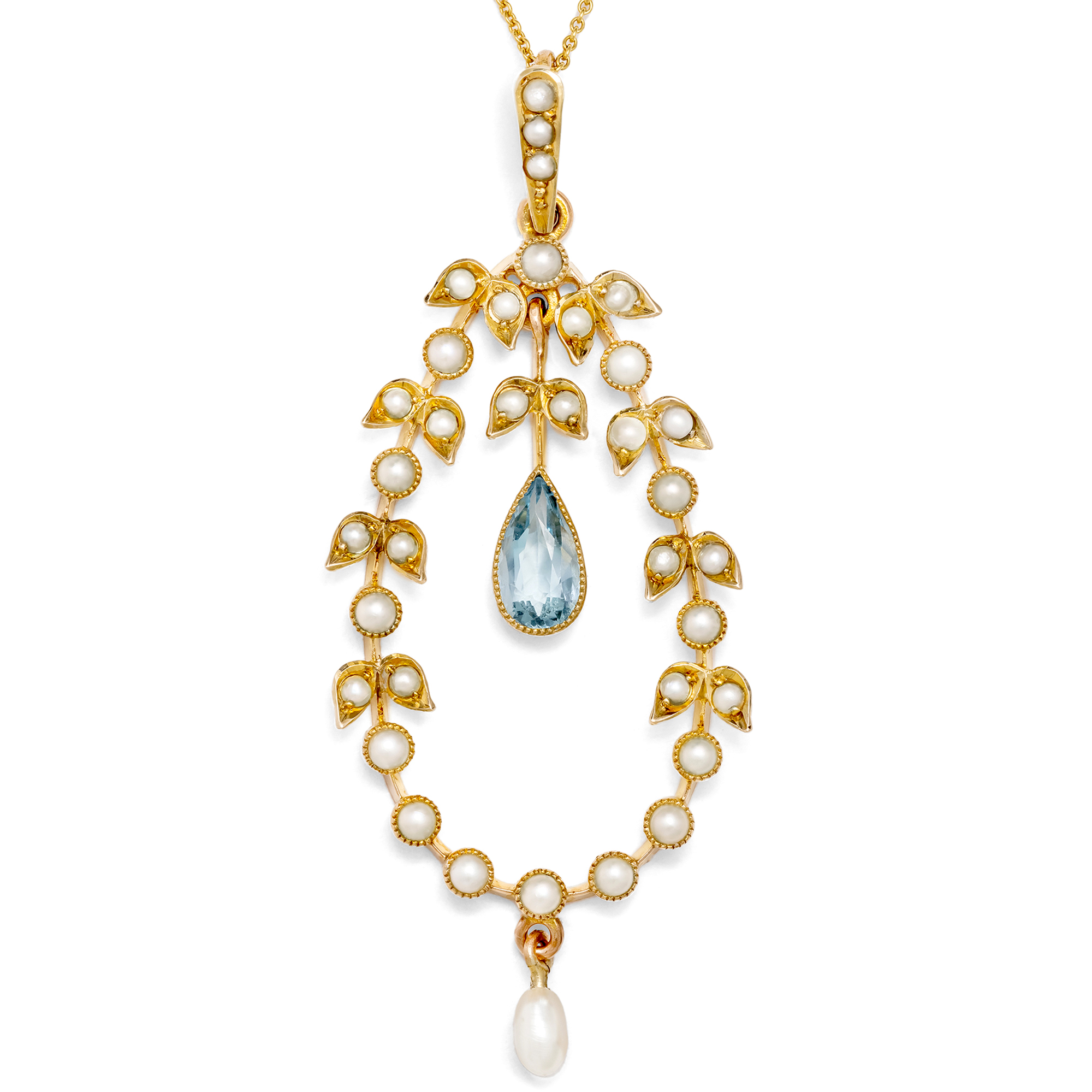 Zarter Anhänger aus Gold mit Naturperlen & Aqamarin, England um 1905 Zarter Anhänger aus Gold mit Naturperlen & Aqamarin, England um 1905