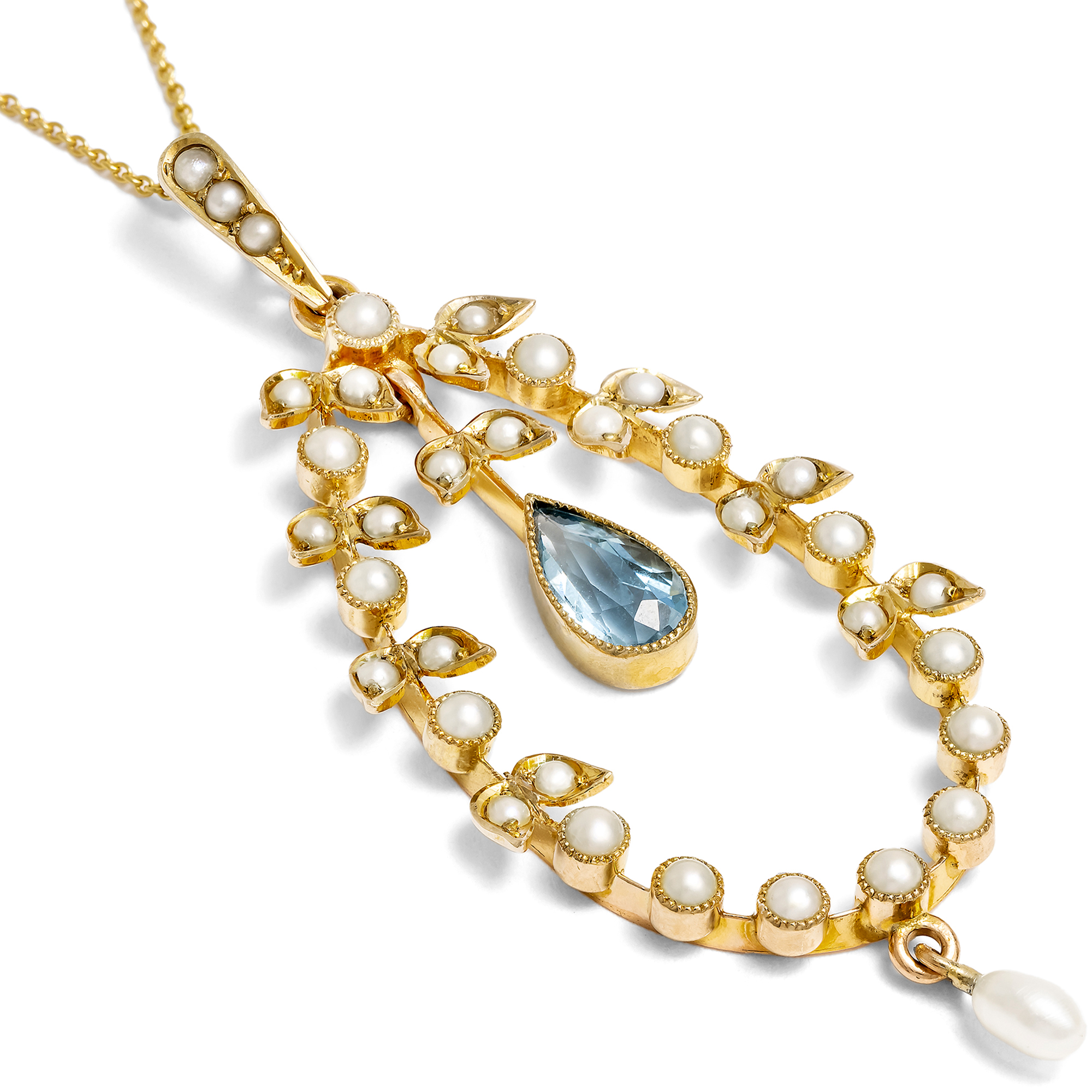 Zarter Anhänger aus Gold mit Naturperlen & Aqamarin, England um 1905 Zarter Anhänger aus Gold mit Naturperlen & Aqamarin, England um 1905