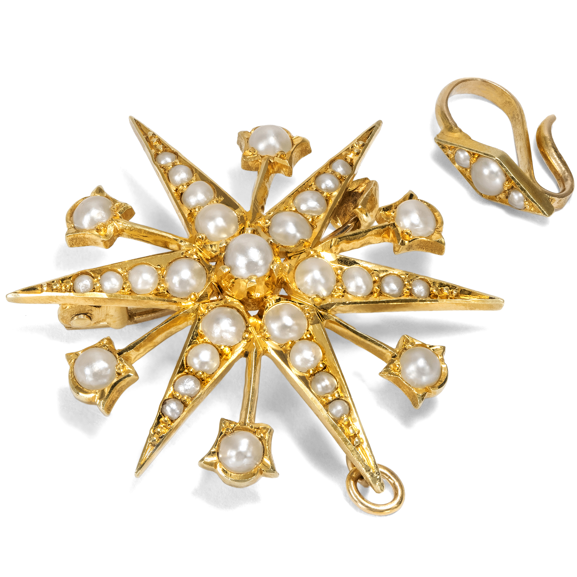 Viktorianische Anhänger-Brosche aus Gold & Perlen, England um 1900 Viktorianische Anhänger-Brosche aus Gold & Perlen, England um 1900