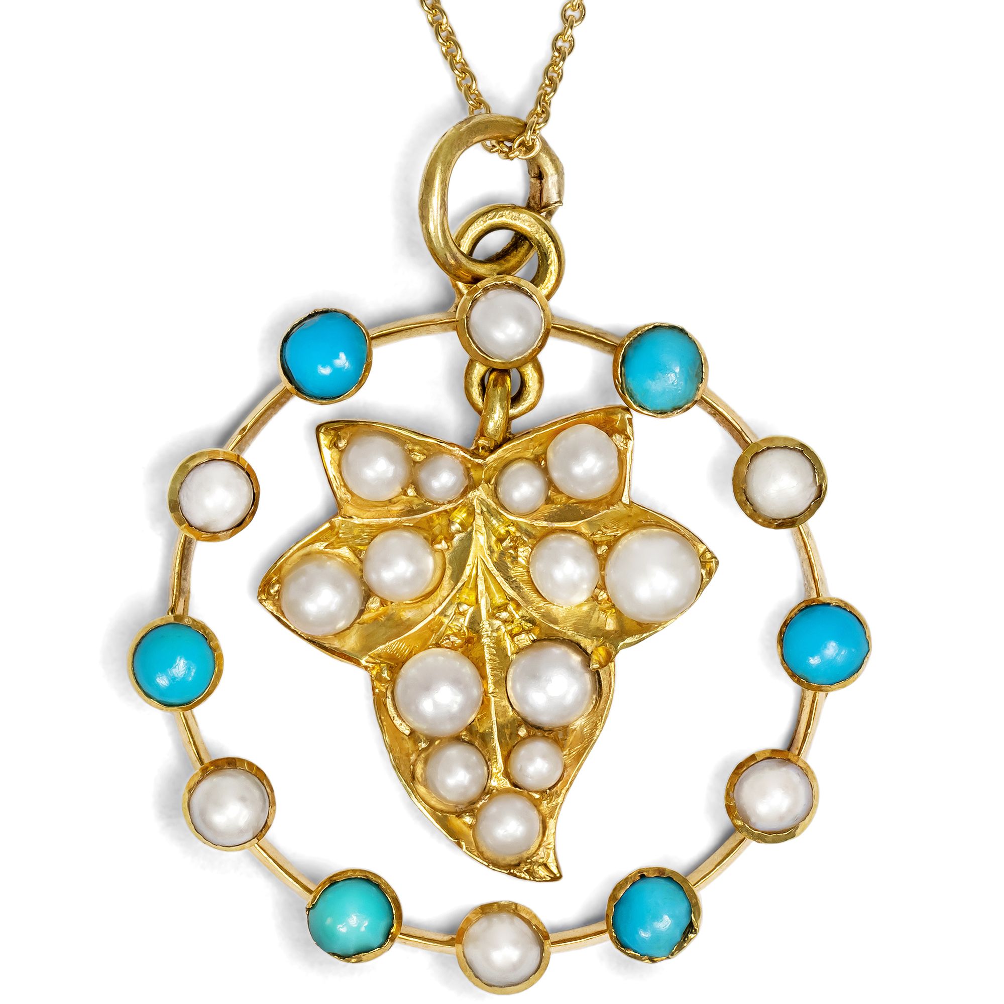 Romantischer Anhänger aus Gold mit Perlen & Türkisen, England um 1905