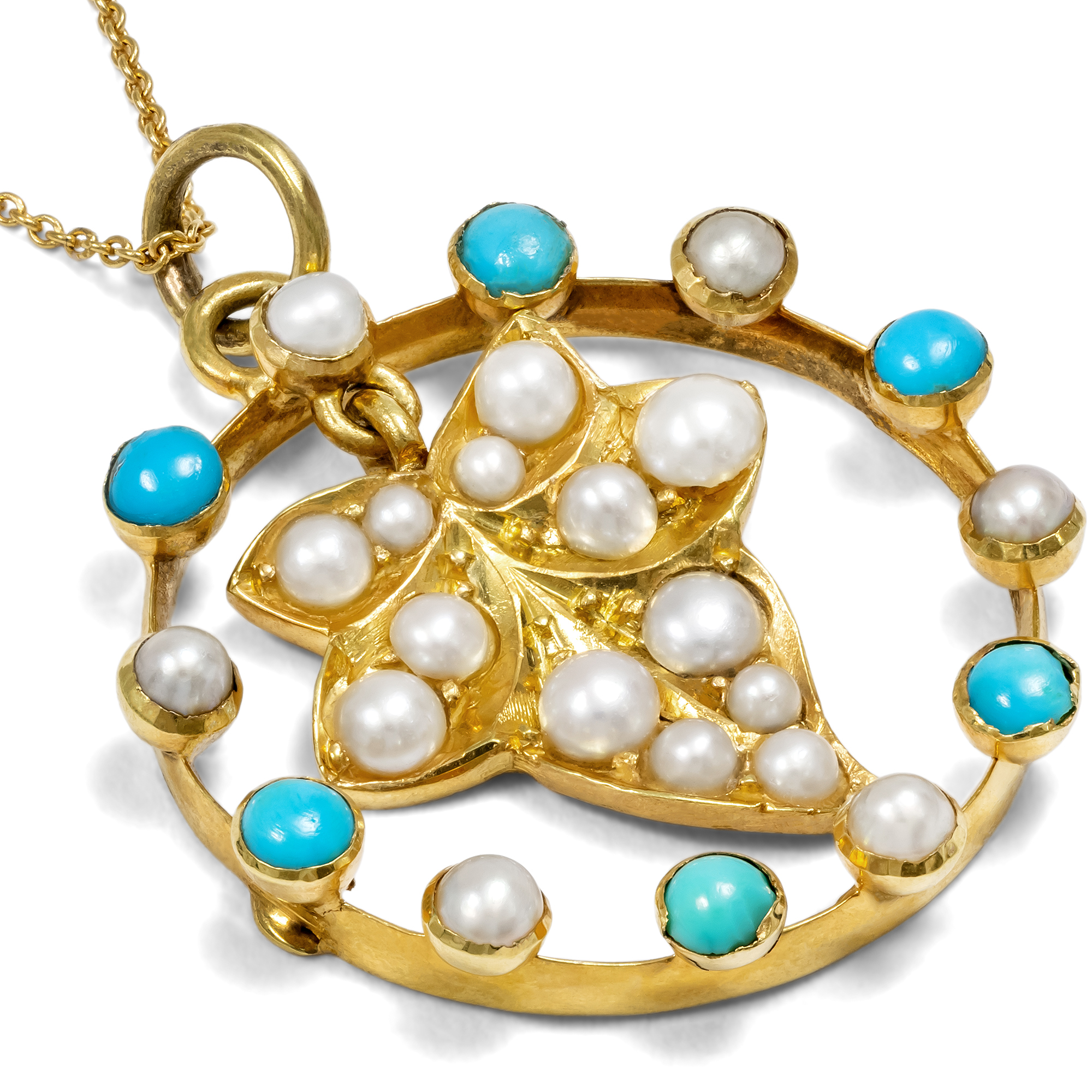 Romantischer Anhänger aus Gold mit Perlen & Türkisen, England um 1905