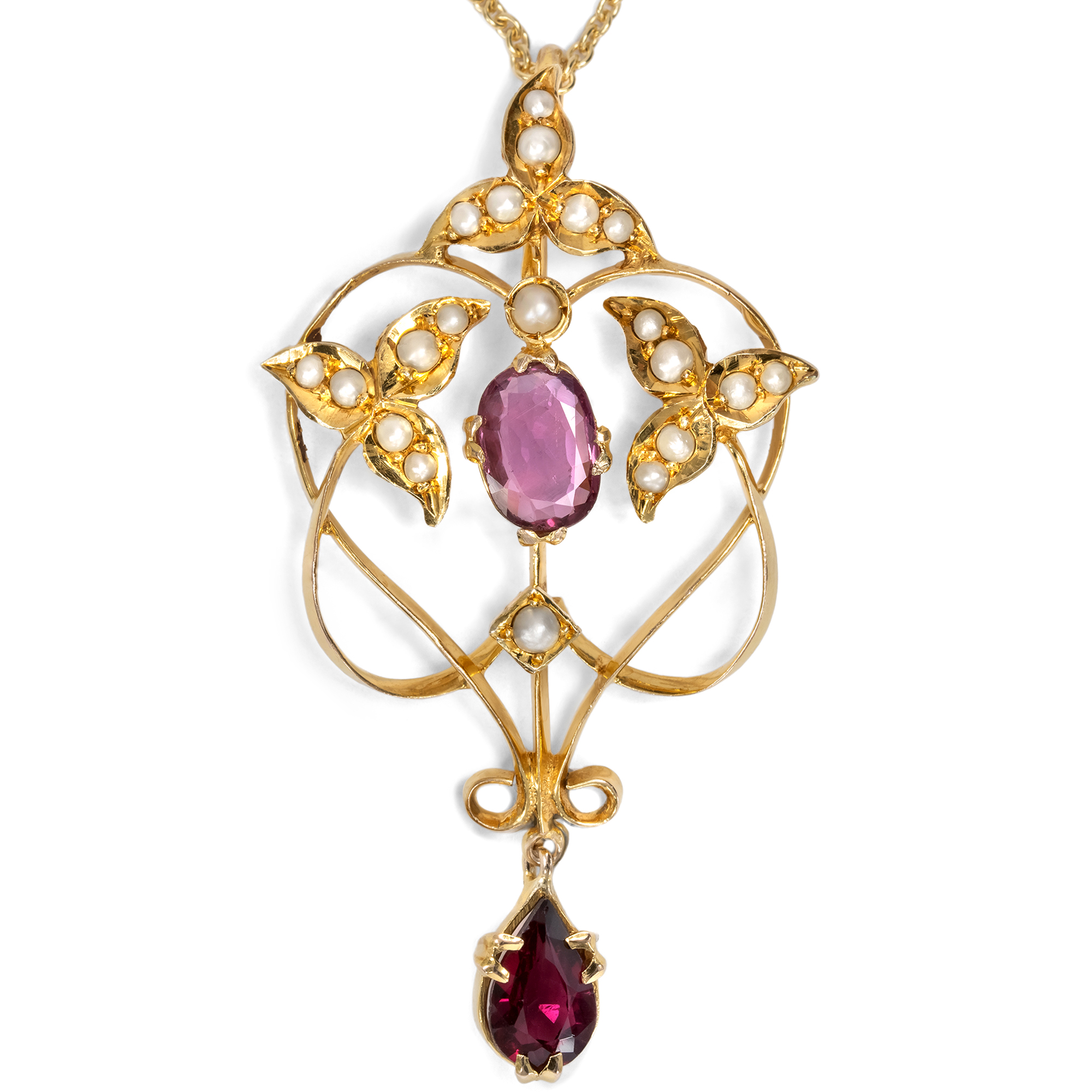 Edwardian Garnet and Seed Pearl Pendant in Gold, c. 1910 Edwardian Garnet and Seed Pearl Pendant in Gold, c. 1910
