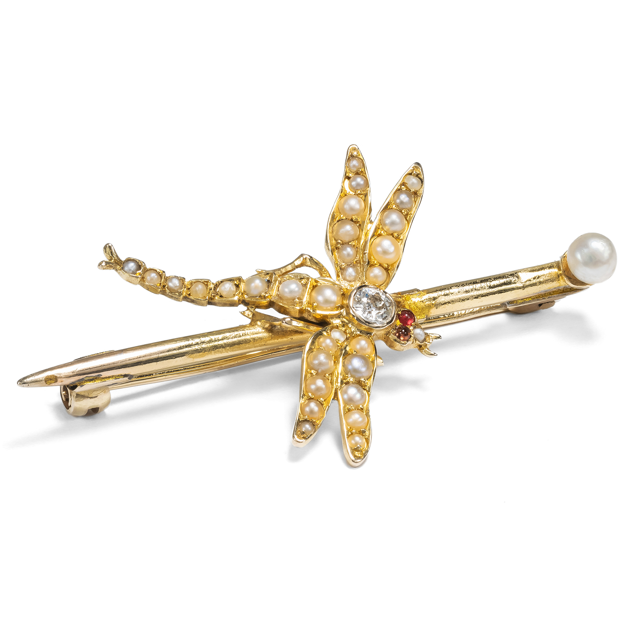 Antike Libellen-Brosche mit Diamant & Perlen in Gold, Großbritannien um 1900 Antike Libellen-Brosche mit Diamant & Perlen in Gold, Großbritannien um 1900