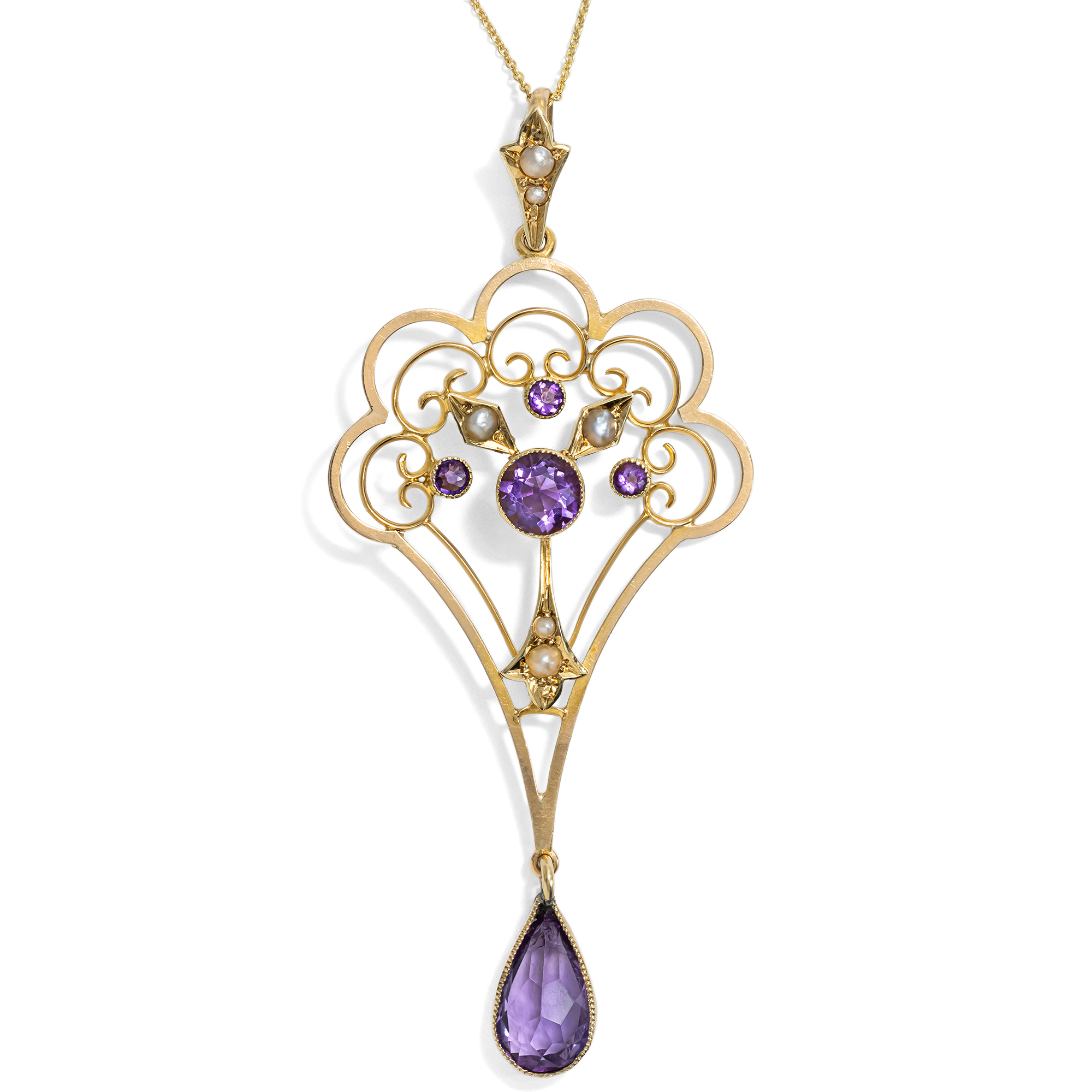 Antiker Anhänger mit Amethysten & Perlen in Gold, Großbritannien um 1910 Antiker Anhänger mit Amethysten & Perlen in Gold, Großbritannien um 1910