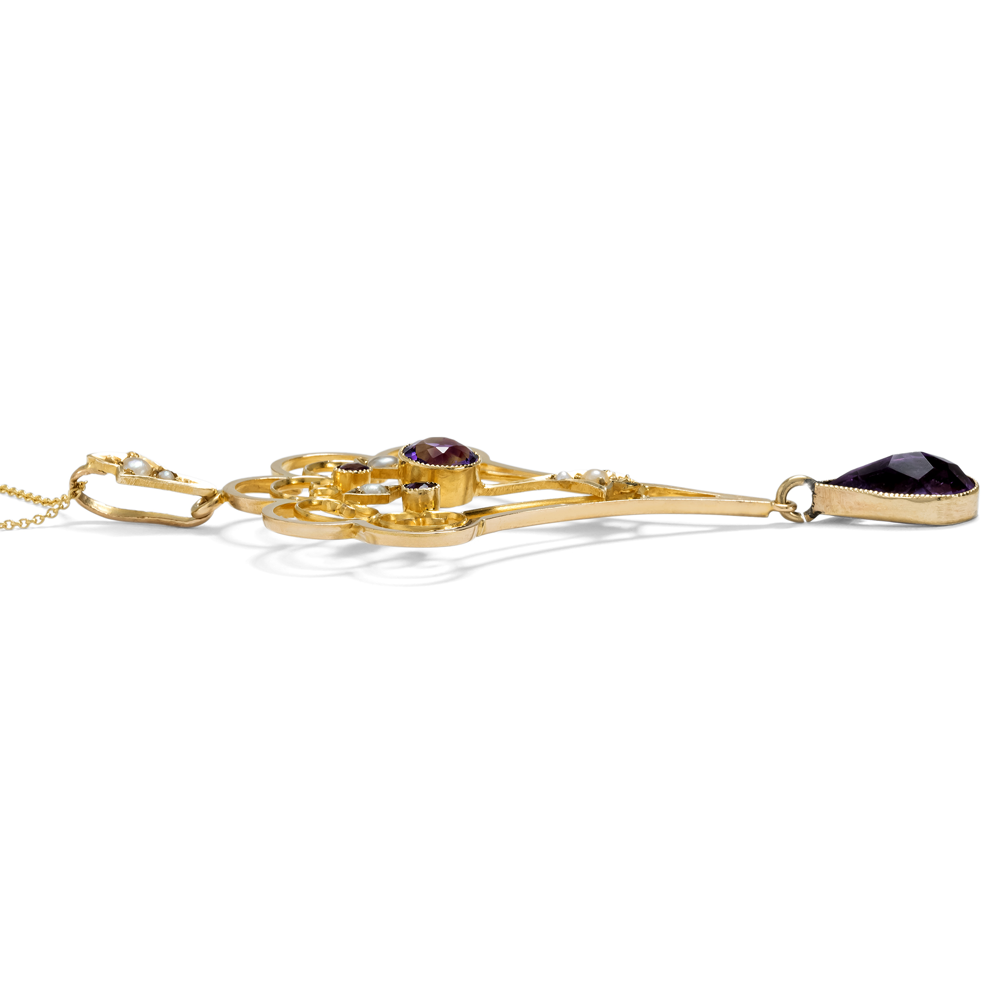 Antiker Anhänger mit Amethysten & Perlen in Gold, Großbritannien um 1910 Antiker Anhänger mit Amethysten & Perlen in Gold, Großbritannien um 1910