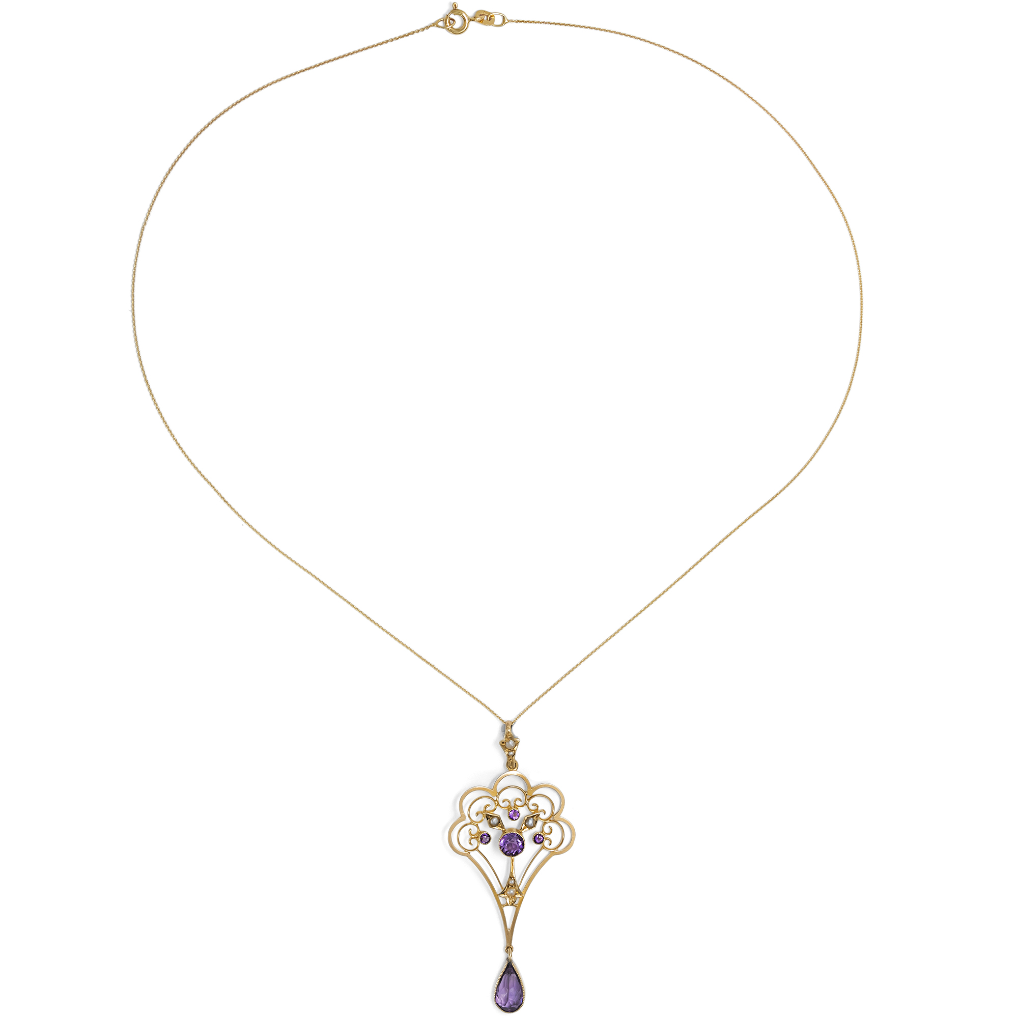 Antiker Anhänger mit Amethysten & Perlen in Gold, Großbritannien um 1910 Antiker Anhänger mit Amethysten & Perlen in Gold, Großbritannien um 1910