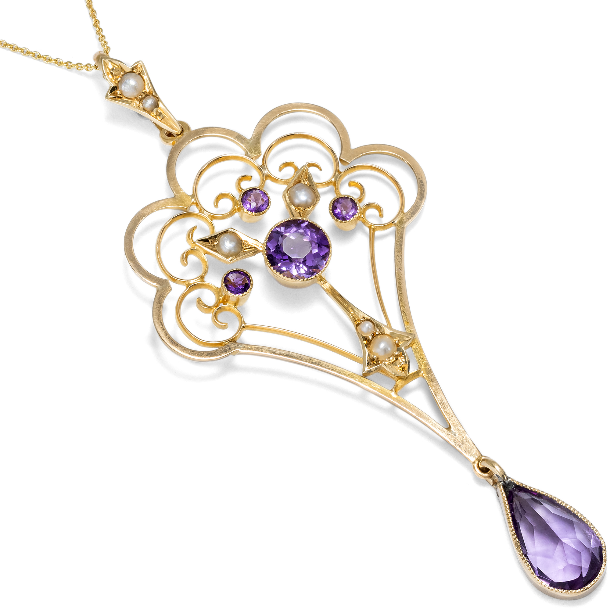 Antiker Anhänger mit Amethysten & Perlen in Gold, Großbritannien um 1910 Antiker Anhänger mit Amethysten & Perlen in Gold, Großbritannien um 1910