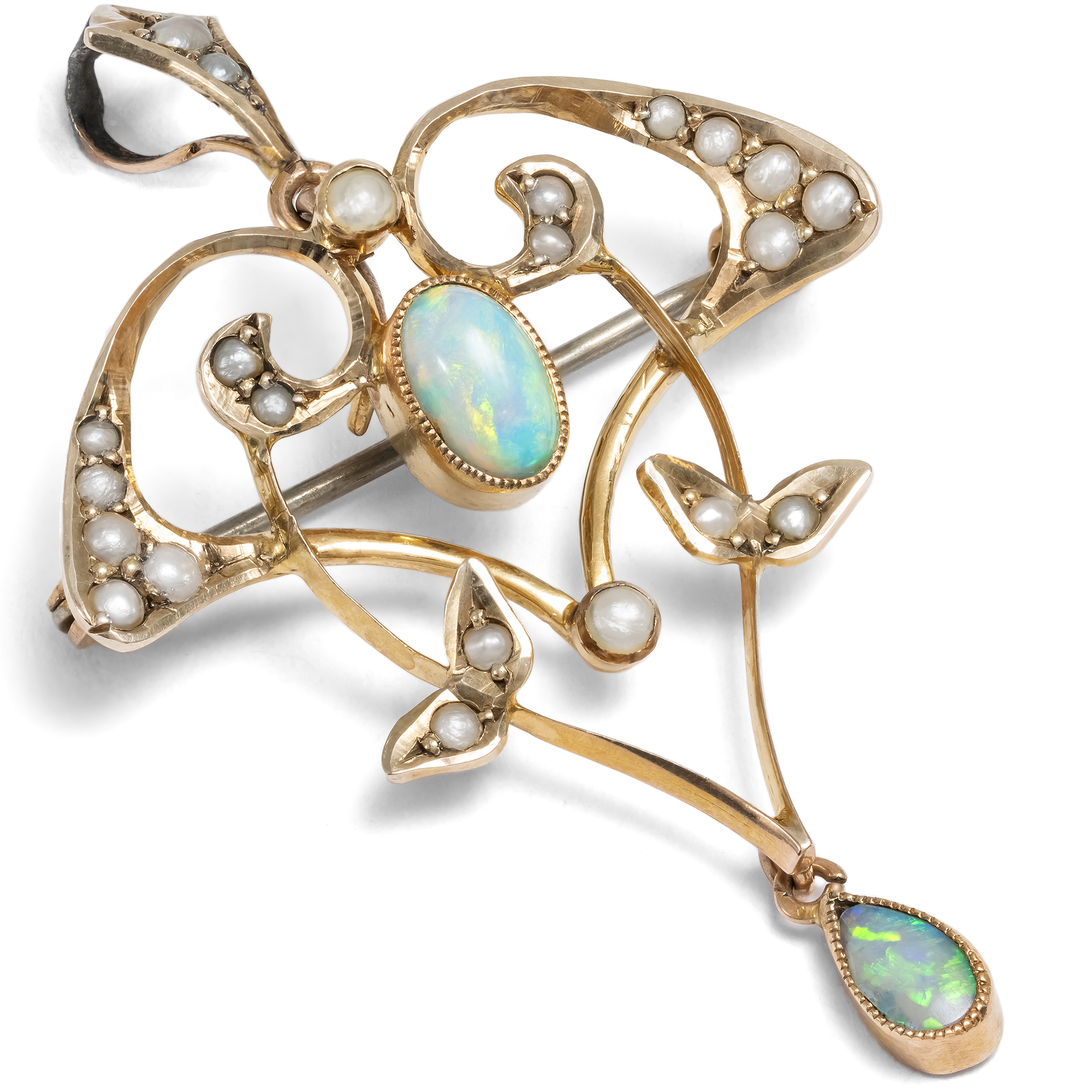 Antike Anhänger-Brosche mit Opalen & Perlen in Gold, England um 1905 Antike Anhänger-Brosche mit Opalen & Perlen in Gold, England um 1905