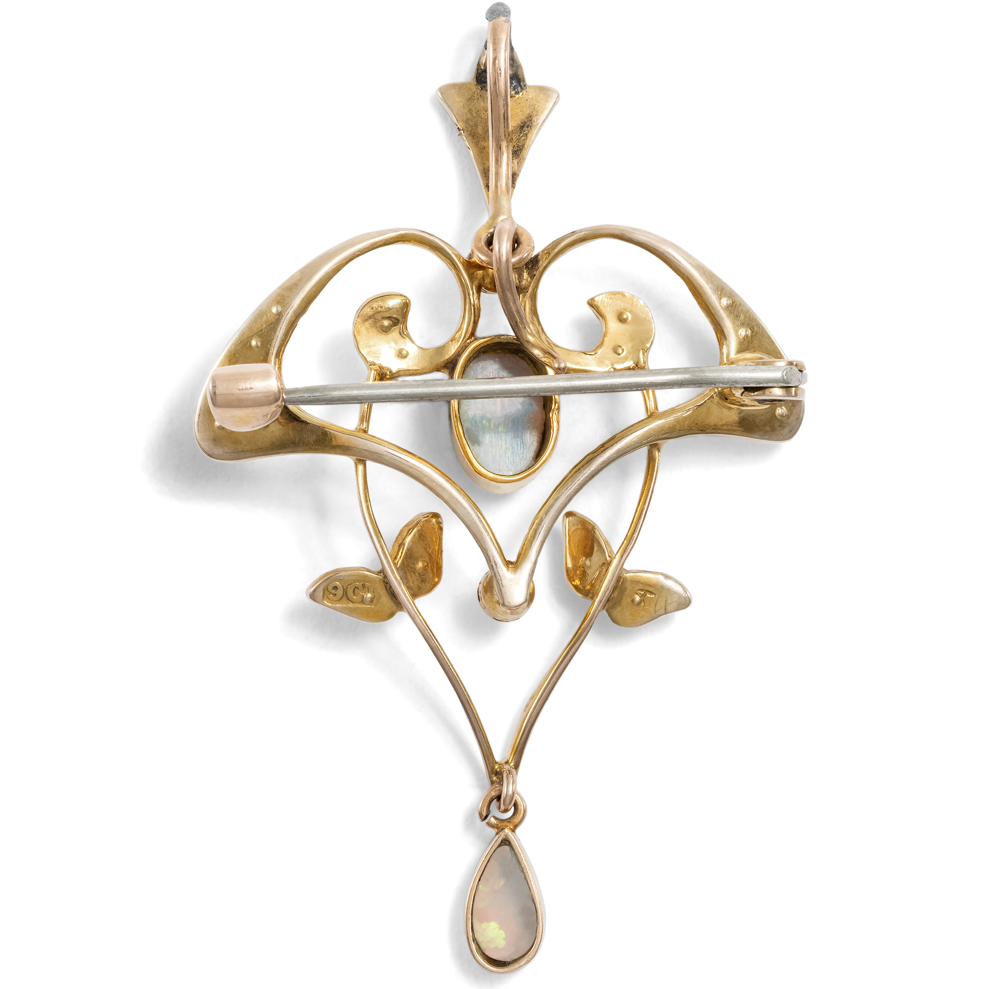 Antike Anhänger-Brosche mit Opalen & Perlen in Gold, England um 1905 Antike Anhänger-Brosche mit Opalen & Perlen in Gold, England um 1905
