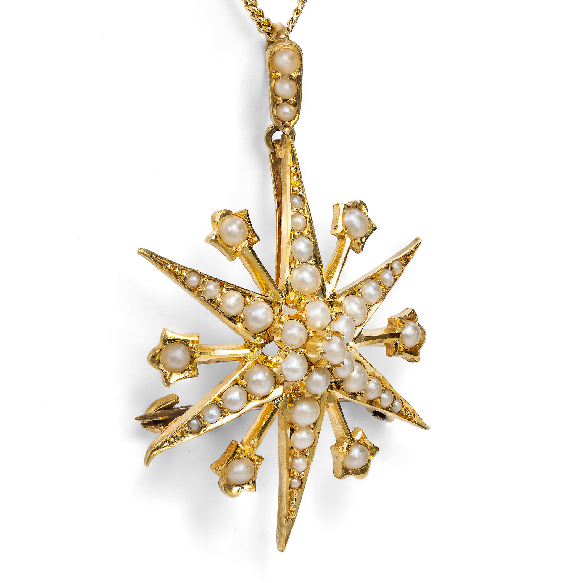 Antike Anhänger-Brosche aus Gold & Perlen, England um 1900 Antike Anhänger-Brosche aus Gold & Perlen, England um 1900