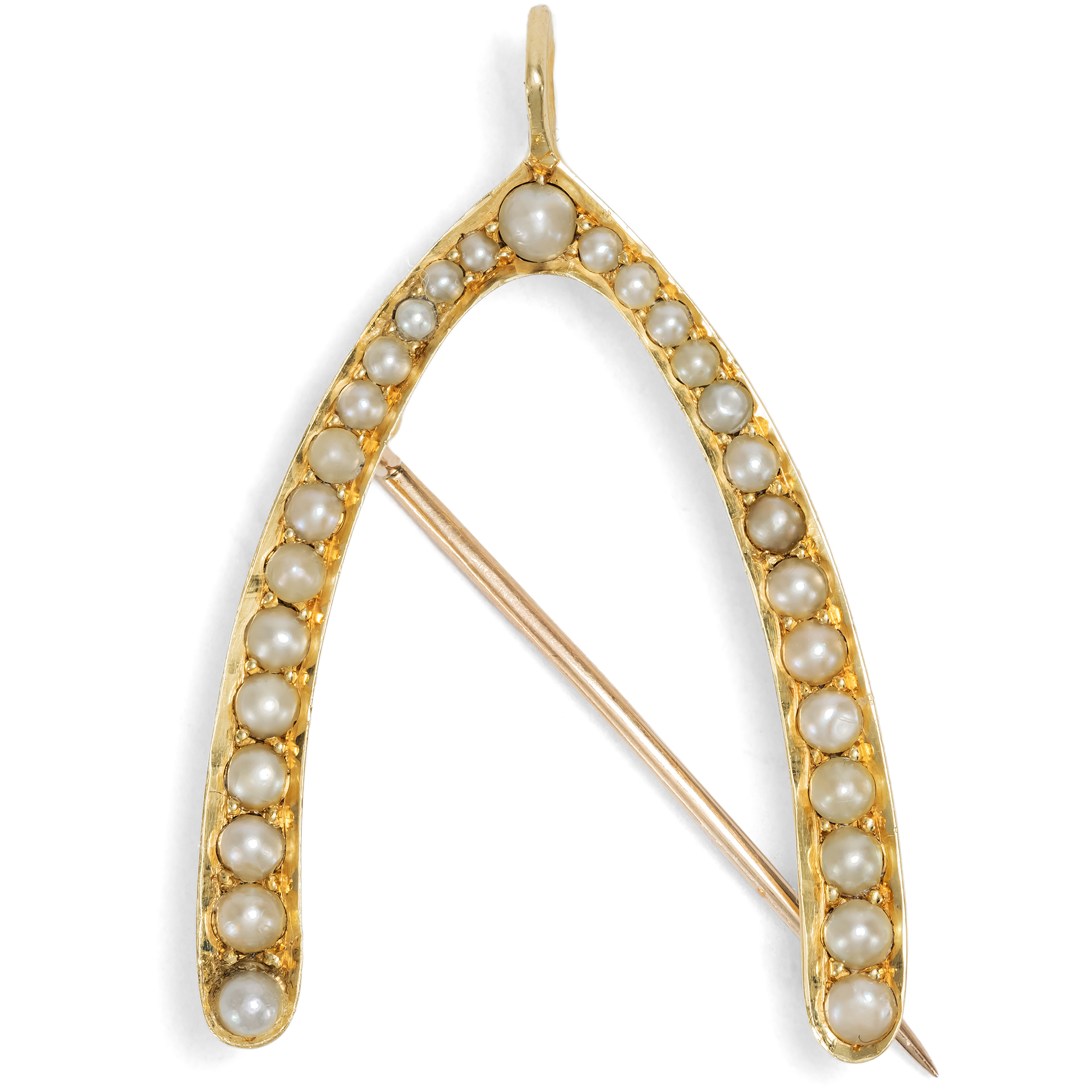 Antike „Wishbone“-Brosche mit Saatperlen in Gold, Großbritannien um 1900 Antike „Wishbone“-Brosche mit Saatperlen in Gold, Großbritannien um 1900