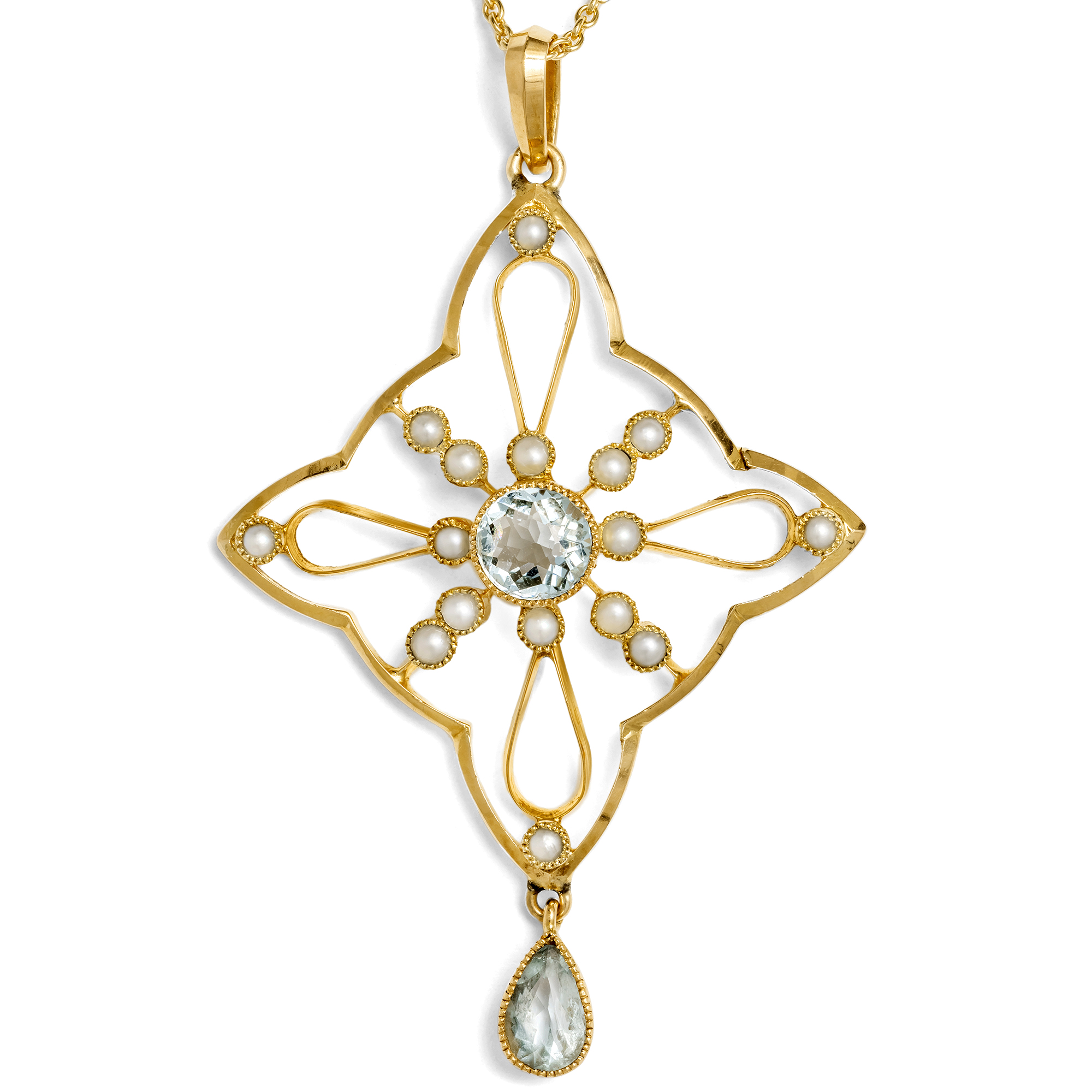 Bezaubernder britischer Anhänger mit Aquamarinen & Perlen in Gold, um 1905 Bezaubernder britischer Anhänger mit Aquamarinen & Perlen in Gold, um 1905