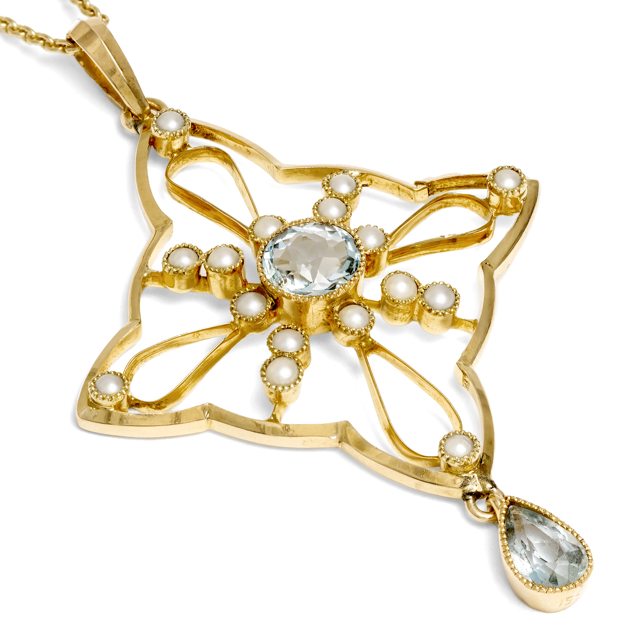 Bezaubernder britischer Anhänger mit Aquamarinen & Perlen in Gold, um 1905 Bezaubernder britischer Anhänger mit Aquamarinen & Perlen in Gold, um 1905