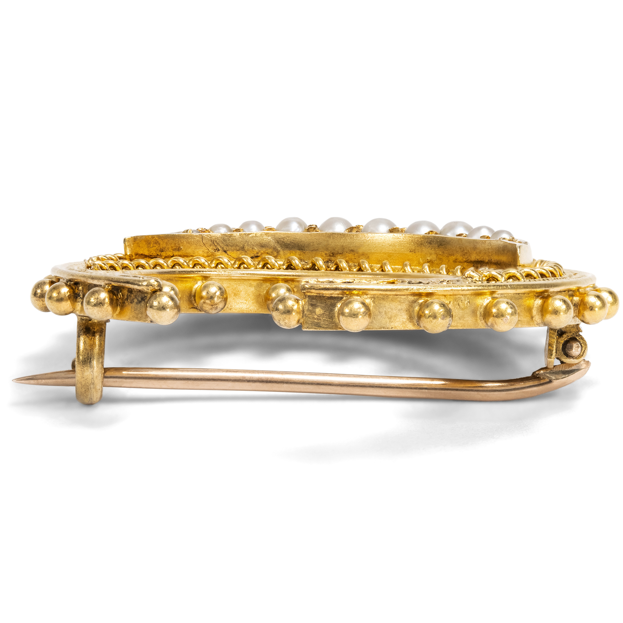 Antiker Halbmond als Brosche mit Perlen in Gold, Großbritannien um 1890 Antiker Halbmond als Brosche mit Perlen in Gold, Großbritannien um 1890