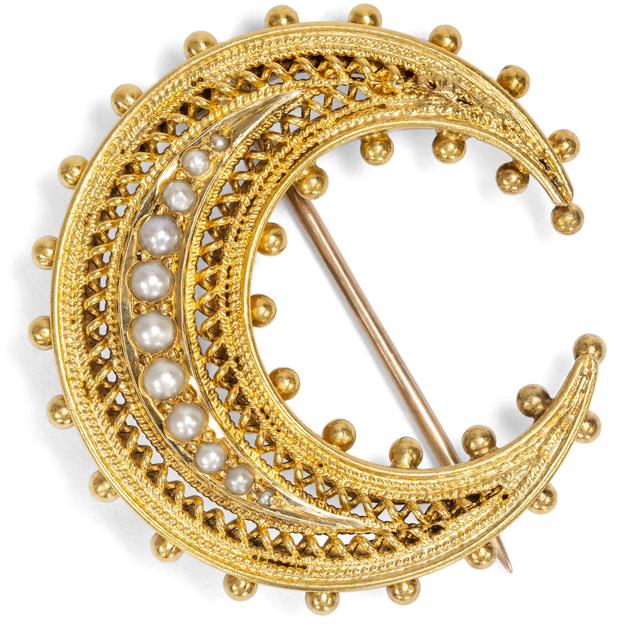 Antiker Halbmond als Brosche mit Perlen in Gold, Großbritannien um 1890 Antiker Halbmond als Brosche mit Perlen in Gold, Großbritannien um 1890
