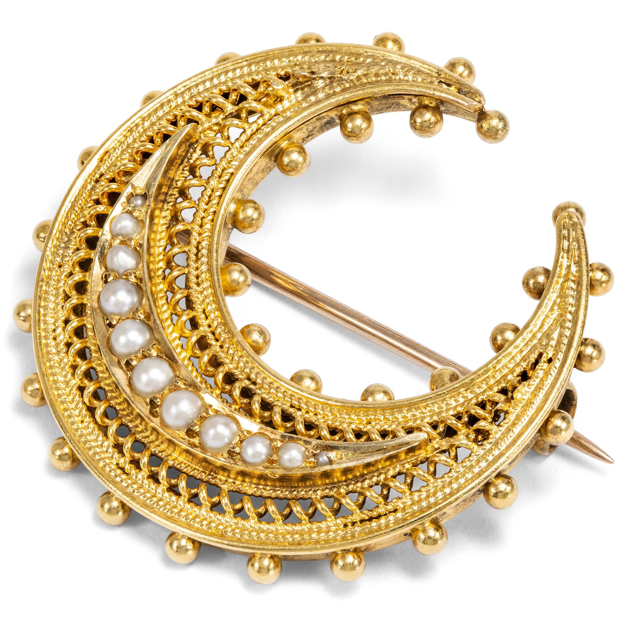 Antiker Halbmond als Brosche mit Perlen in Gold, Großbritannien um 1890 Antiker Halbmond als Brosche mit Perlen in Gold, Großbritannien um 1890