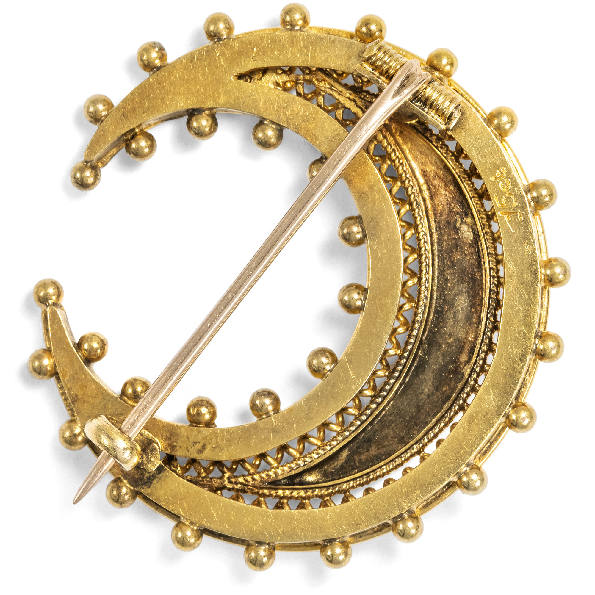 Antiker Halbmond als Brosche mit Perlen in Gold, Großbritannien um 1890 Antiker Halbmond als Brosche mit Perlen in Gold, Großbritannien um 1890