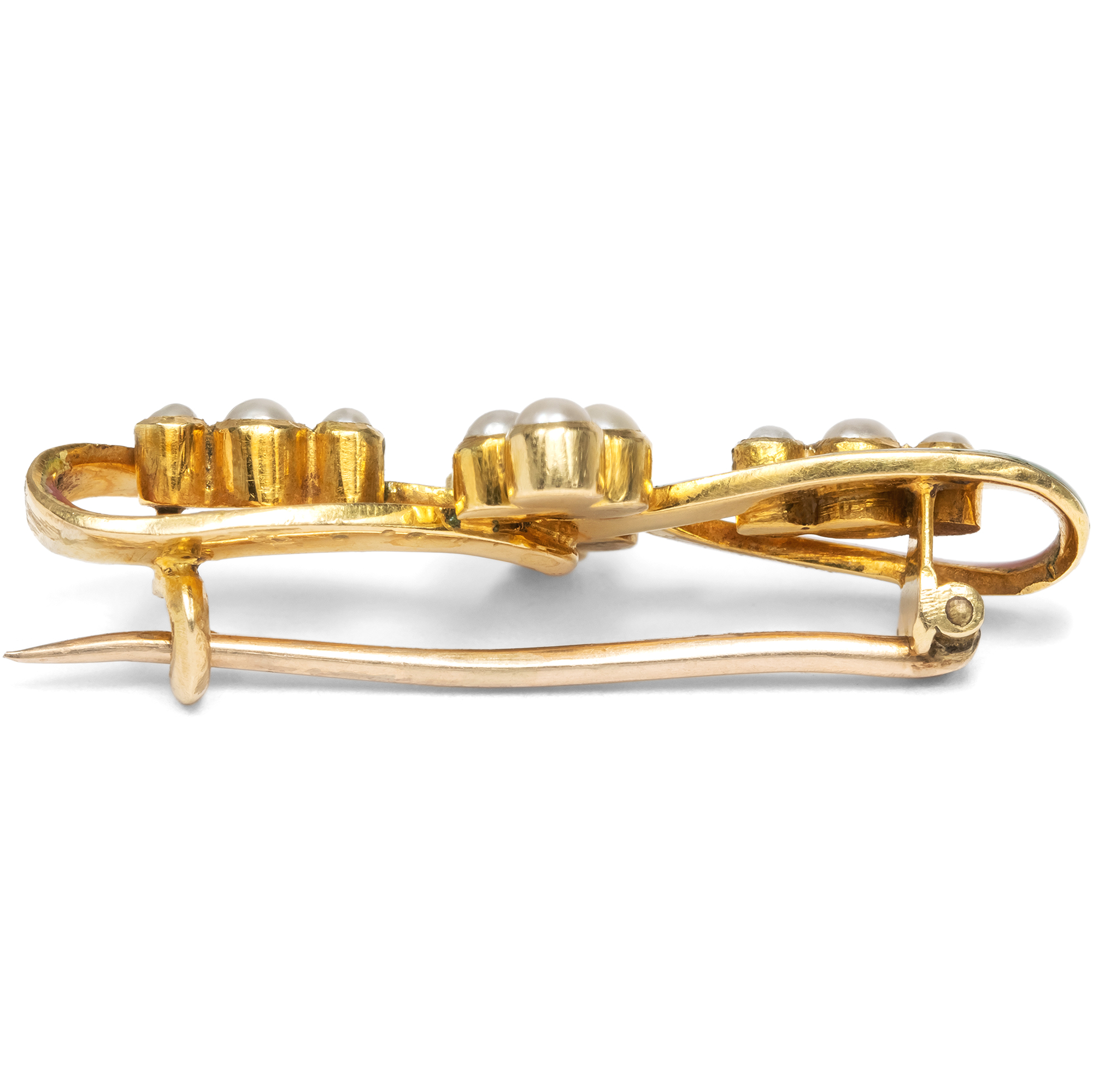 Antike Brosche mit Saatperlen & Transluzid-Email in Gold, Großbritannien um 1900 Antike Brosche mit Saatperlen & Transluzid-Email in Gold, Großbritannien um 1900