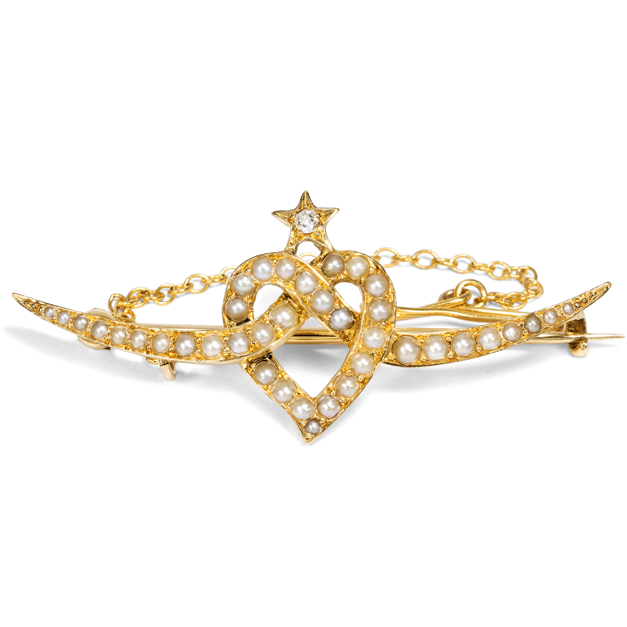 Antike Brosche aus Gold mit Diamant & Perlen, England um 1890 Antike Brosche aus Gold mit Diamant & Perlen, England um 1890