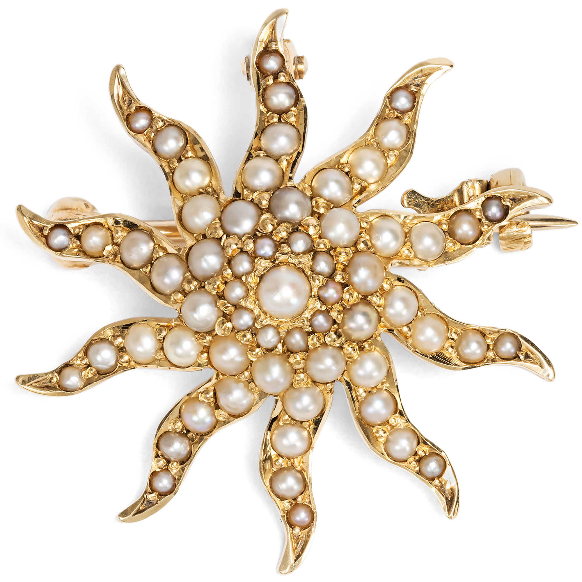 Bezaubernde Brosche mit Naturperlen in Gold, um 1900 Bezaubernde Brosche mit Naturperlen in Gold, um 1900