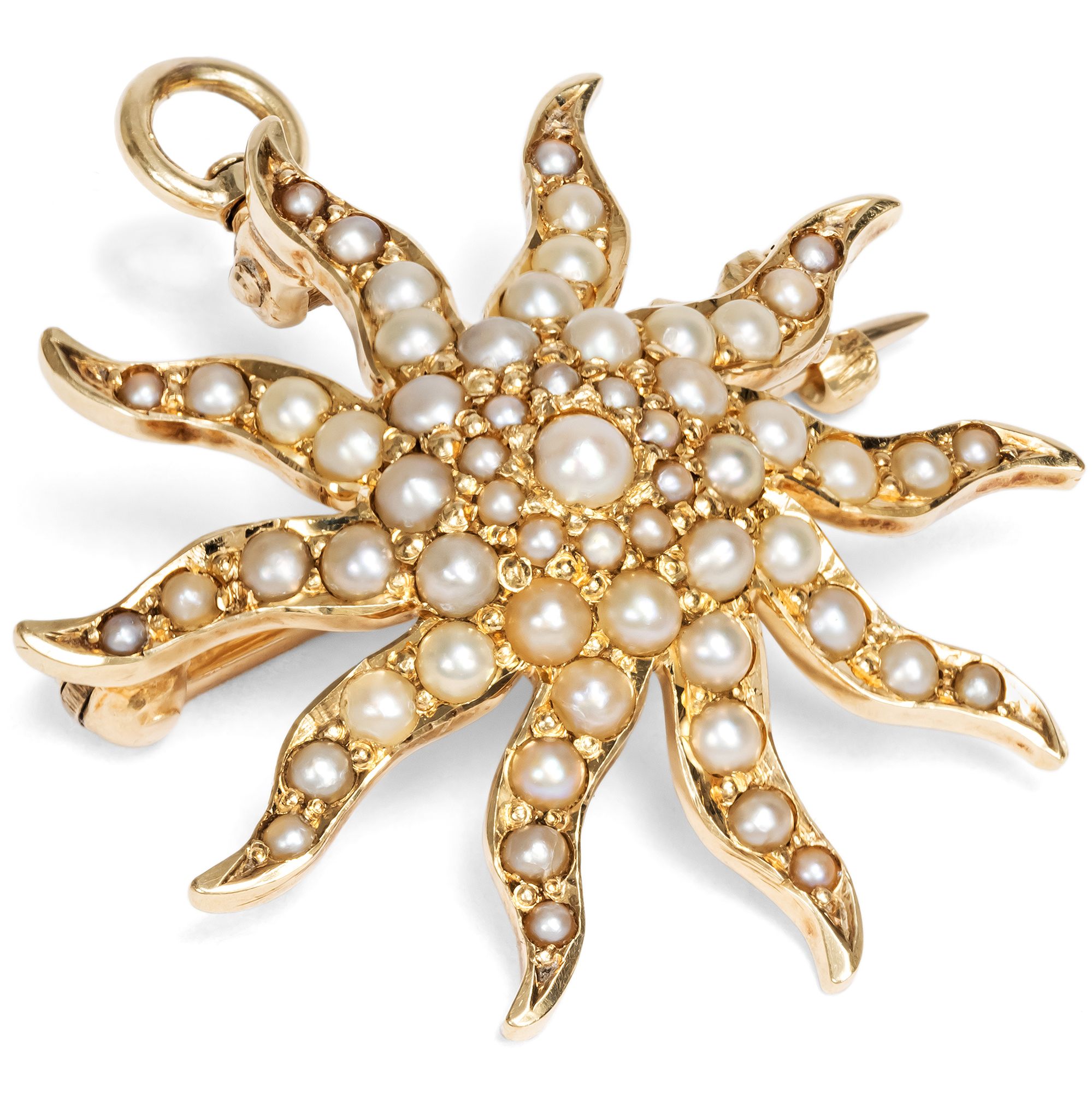 Bezaubernde Brosche mit Naturperlen in Gold, um 1900 Bezaubernde Brosche mit Naturperlen in Gold, um 1900