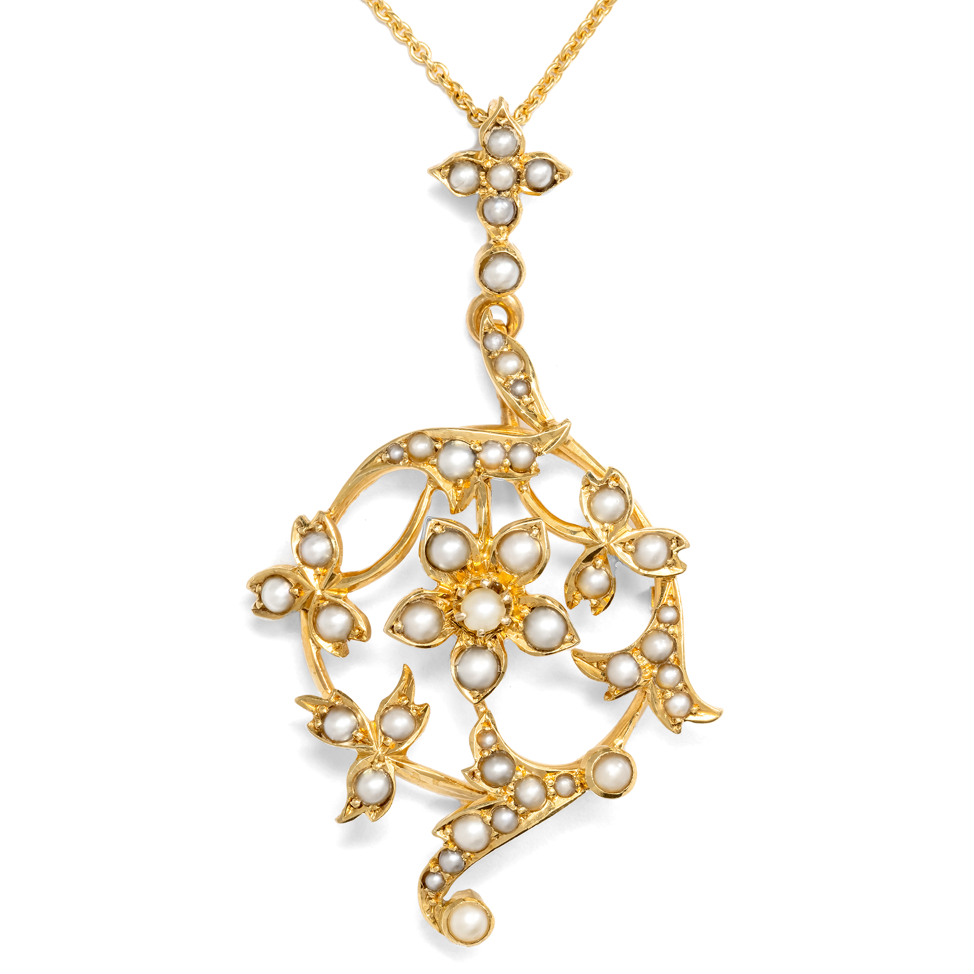 Antiker Anhänger mit Saatperlen in Gold, Großbritannien um 1905 Antiker Anhänger mit Saatperlen in Gold, Großbritannien um 1905