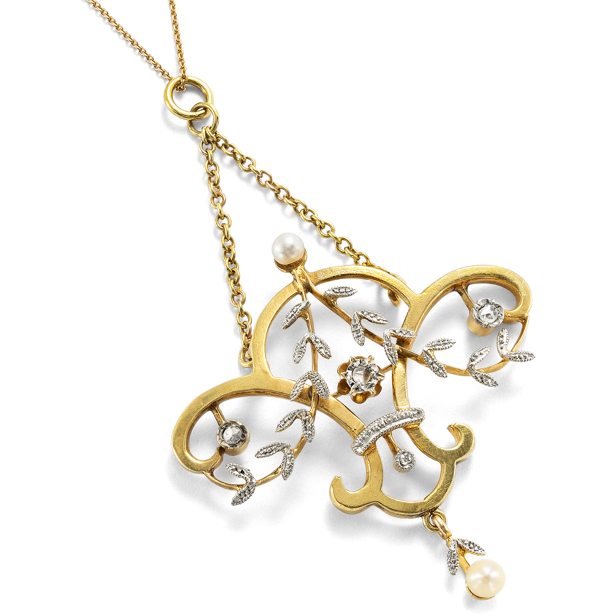 Zarter Anhänger mit Diamanten & Perlen in Gold & Platin, um 1910 Zarter Anhänger mit Diamanten & Perlen in Gold & Platin, um 1910