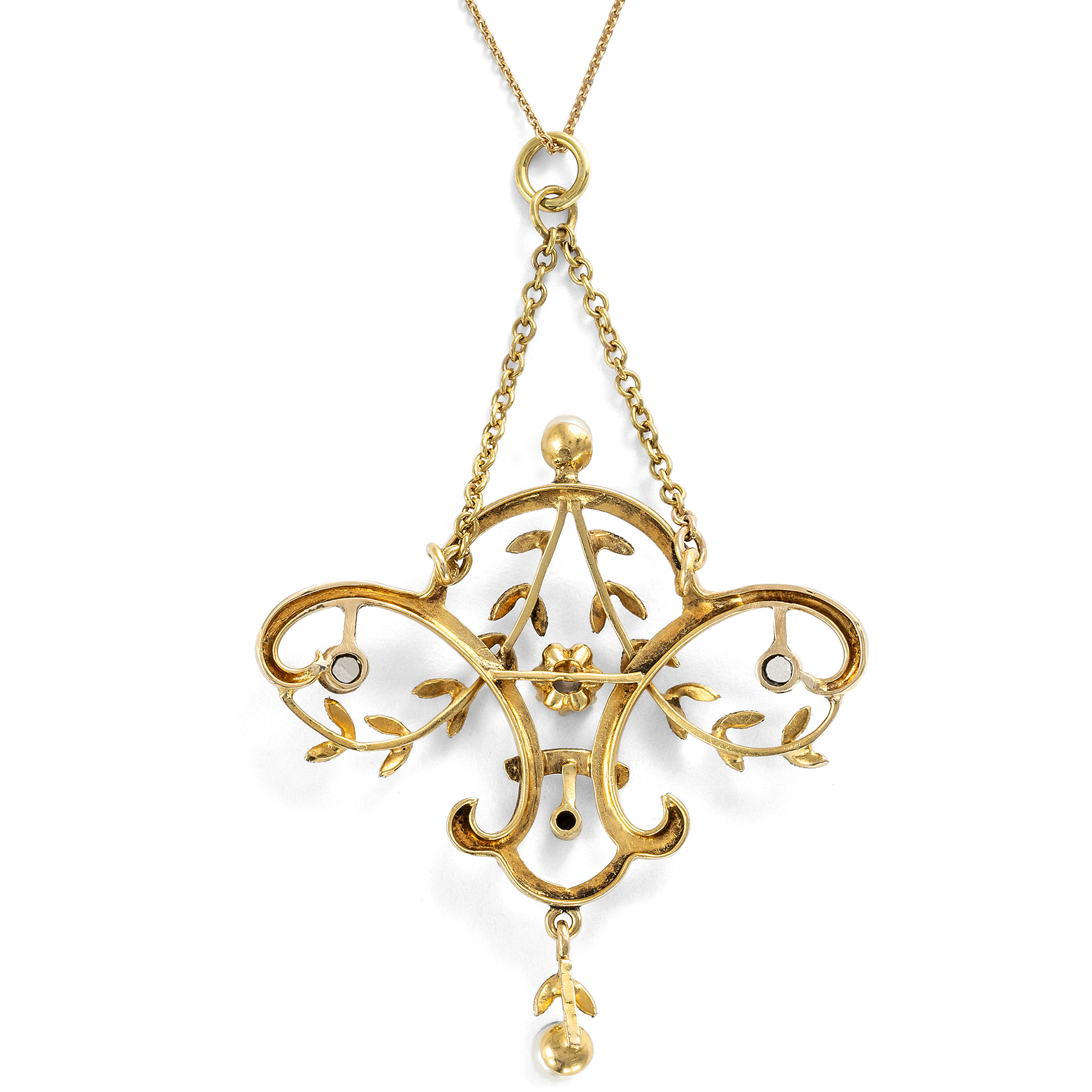 Zarter Anhänger mit Diamanten & Perlen in Gold & Platin, um 1910 Zarter Anhänger mit Diamanten & Perlen in Gold & Platin, um 1910